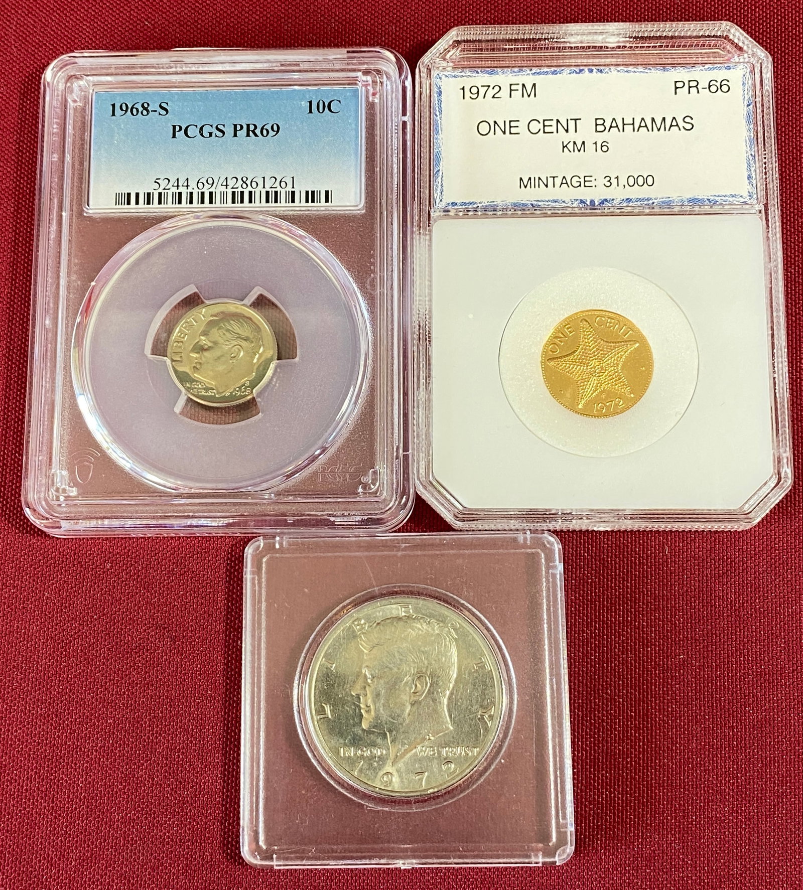 Three Cased/Graded Coins - 1968-S PR69 Roosevelt Dime by PCGS, PCI 1972 FM PR66 Bahamas One Cent, (1 of 7)