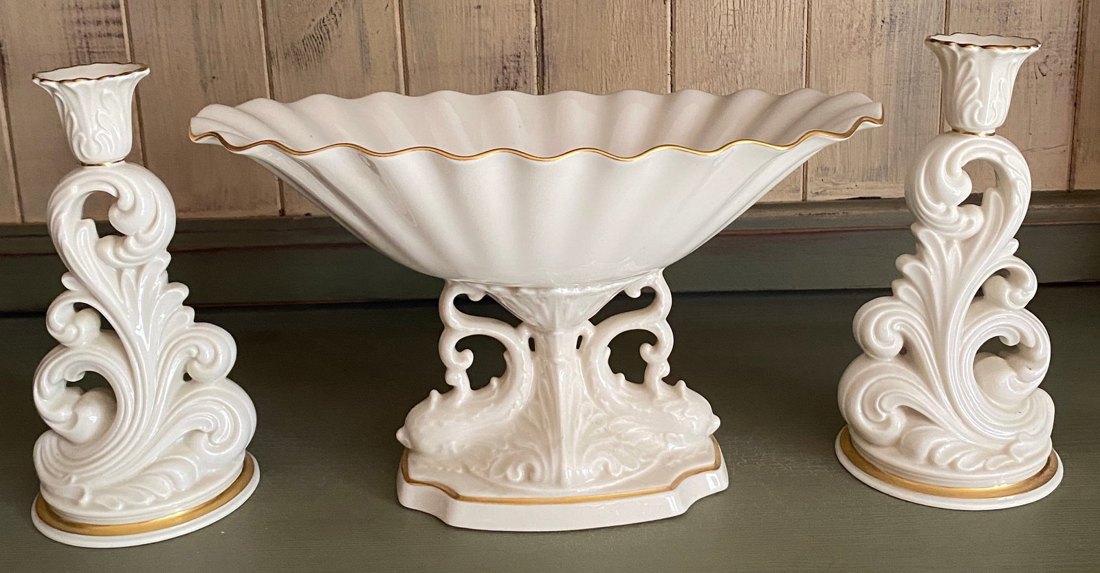 Three Pieces of Lenox Aquarius China - Pedestal Bowl Dish, Pair of Candlesticks - Absolutely No (1 of 7)