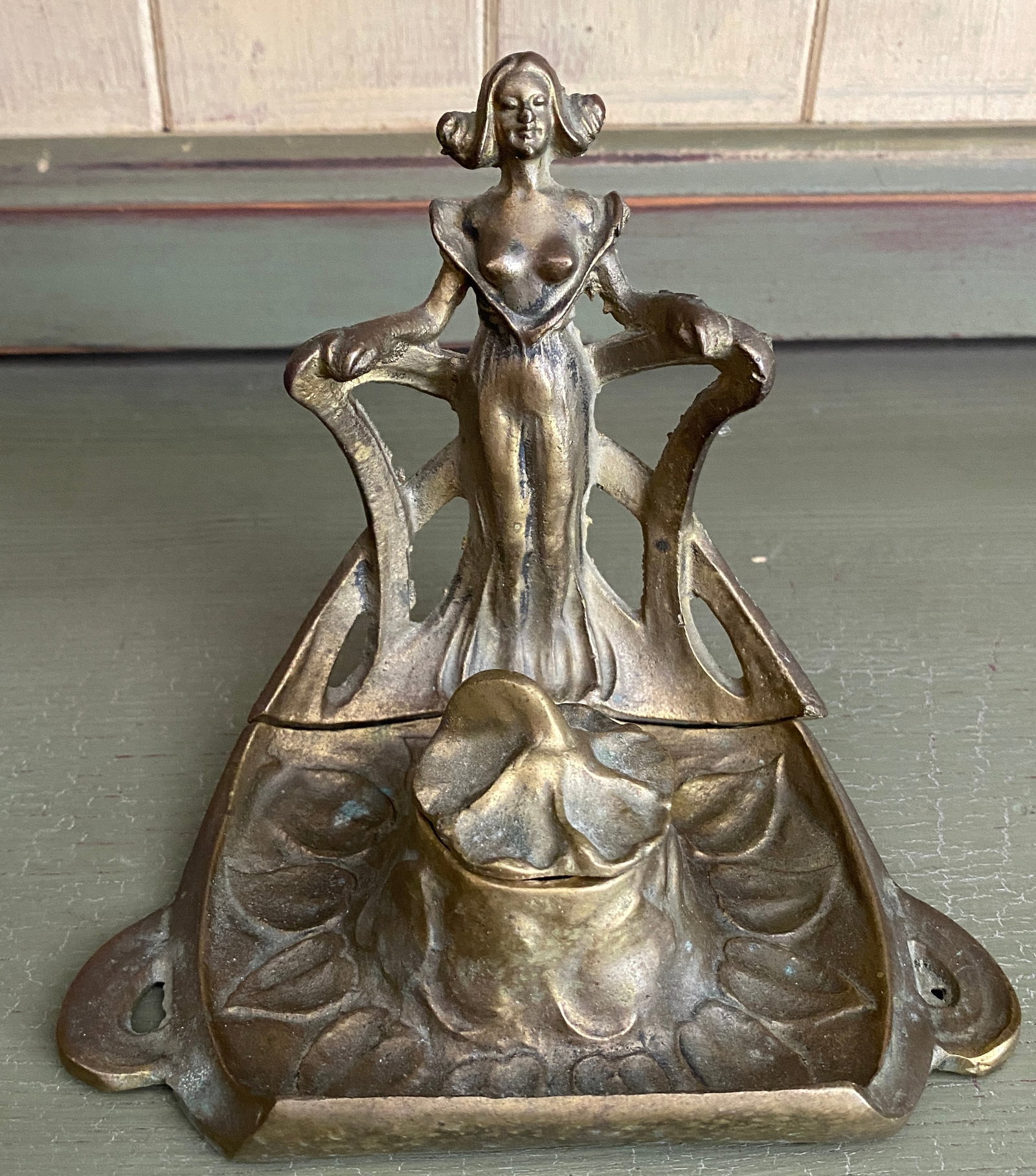 Brass Art Nouveau Nude Figural Inkwell - No Glass Insert (1 of 6)