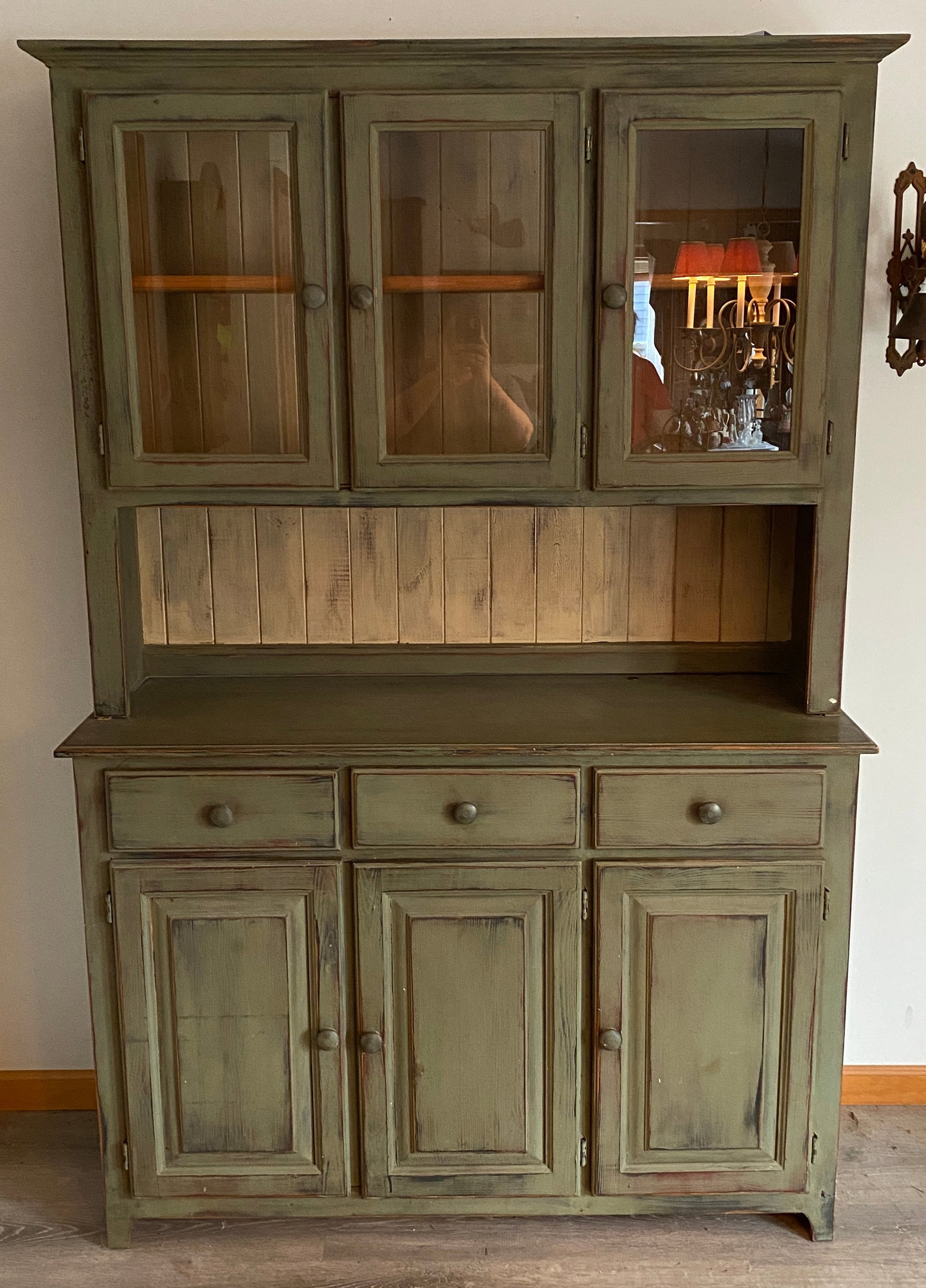 Country Step-Back Cupboard in Green Paint - Three Over Three Over Three - 78.5"x51"x18" - Absolutely (1 of 7)