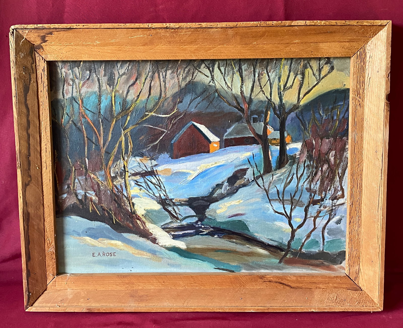 Oil on Board Painting of Winter Landscape with Home & Barn - Signed by Local Conway Artist E.A. Rose (1 of 10)