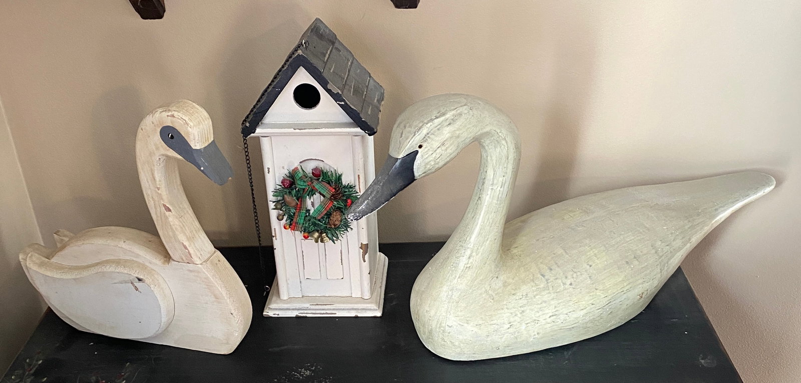 Two Wooden Decorative Swans & One Decorative Birdhouse all White in Color - Absolutely No Shipping (1 of 6)