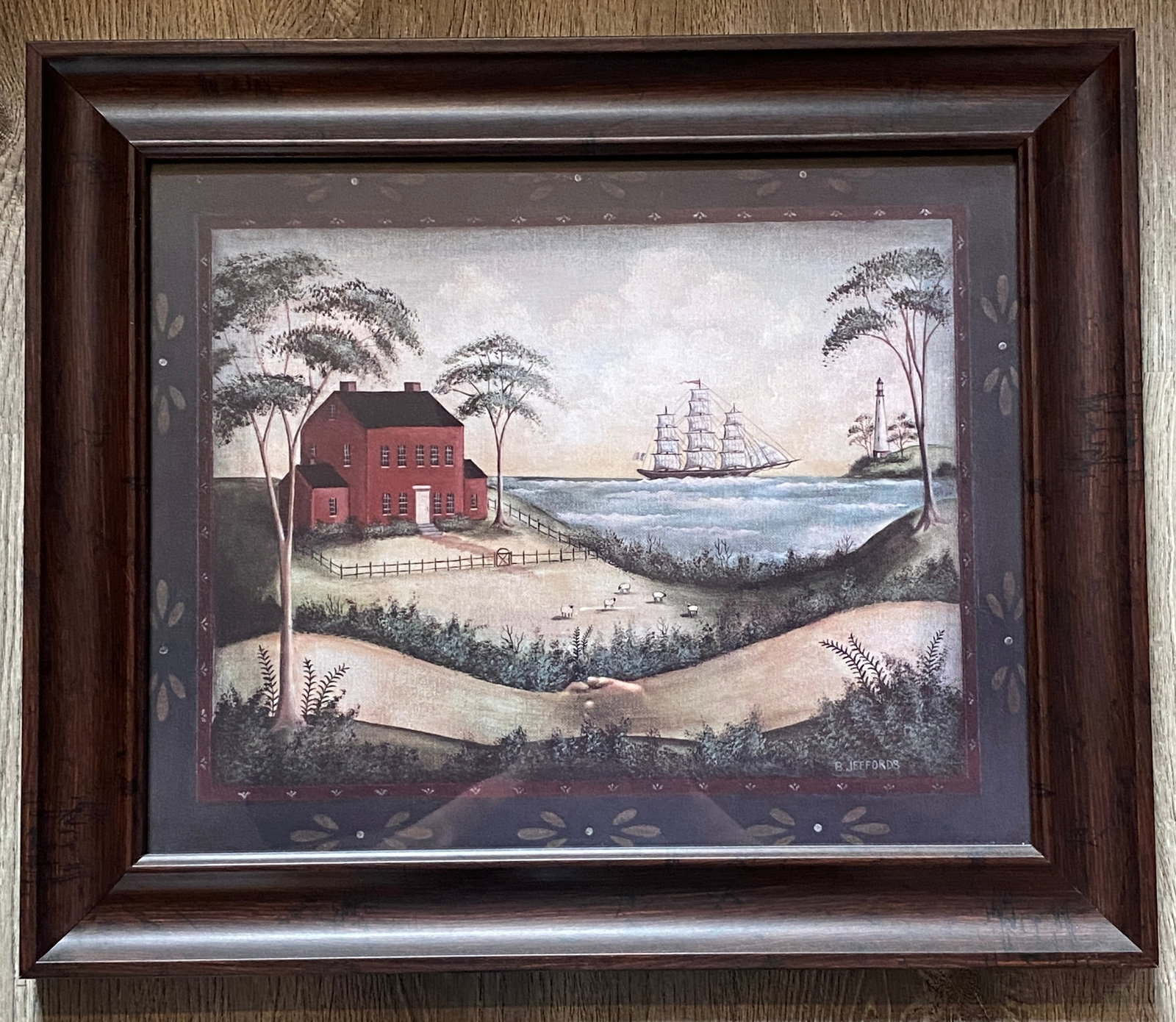 Nautical Folk-art Style Framed Print Marked B Jeffords - Ship, Home, Sheep - Overall 23"x19" (1 of 7)