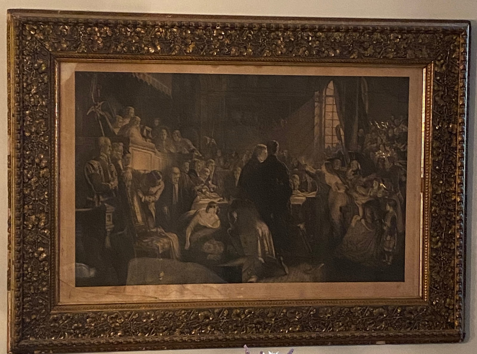 Antique Engraving Lithograph of 'The Trial of Effie Deans' in Gilded Frame - Glass Cracked Lower (1 of 6)