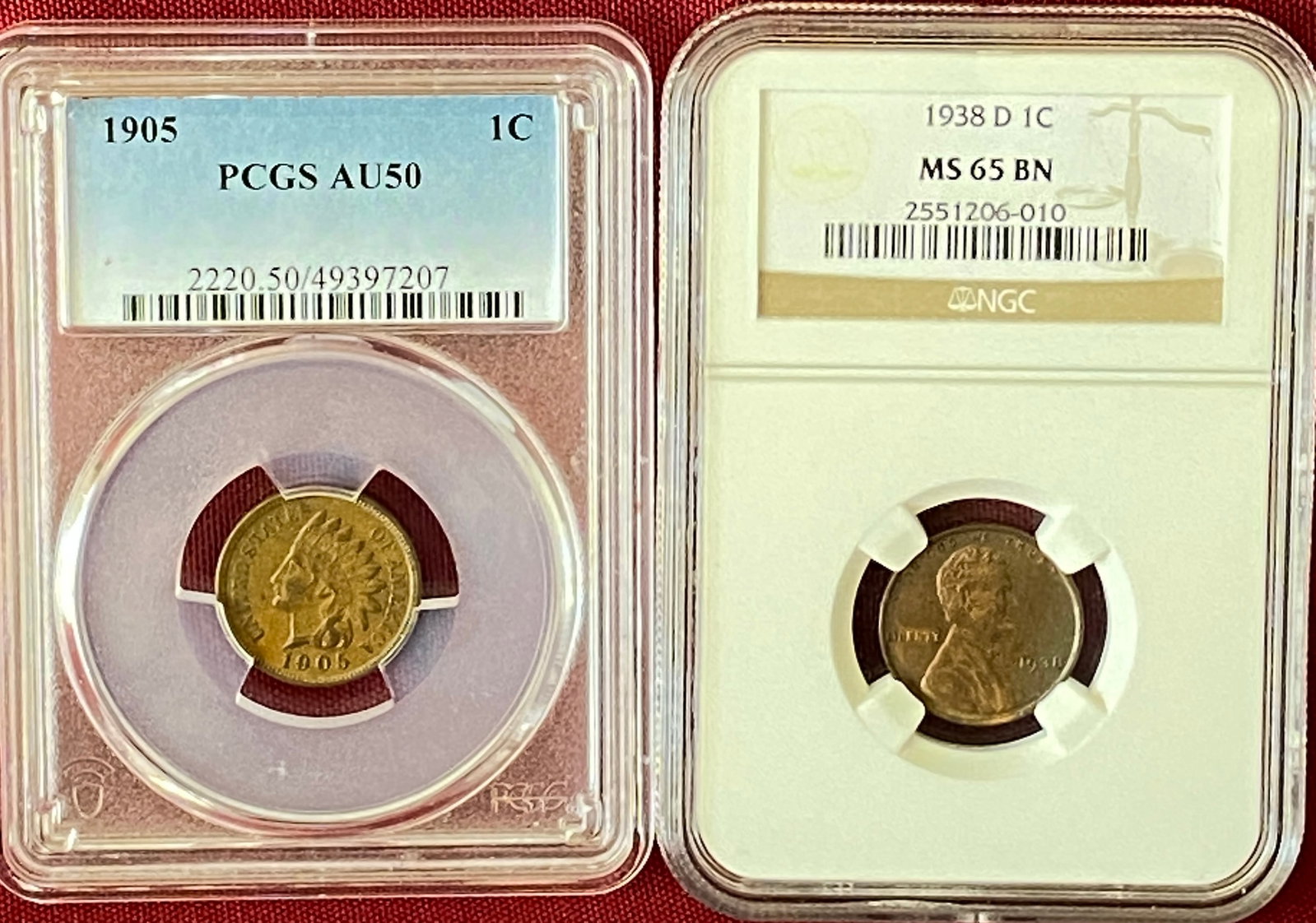 Two Graded One Cent Coins - 1905 Indian Head - AU50 by PCGS & 1938-D Lincoln - MS65 BN by NGC: Two Graded One Cent Coins - 1905 Indian Head - AU50 by PCGS & 1938-D Lincoln - MS65 BN by NGC