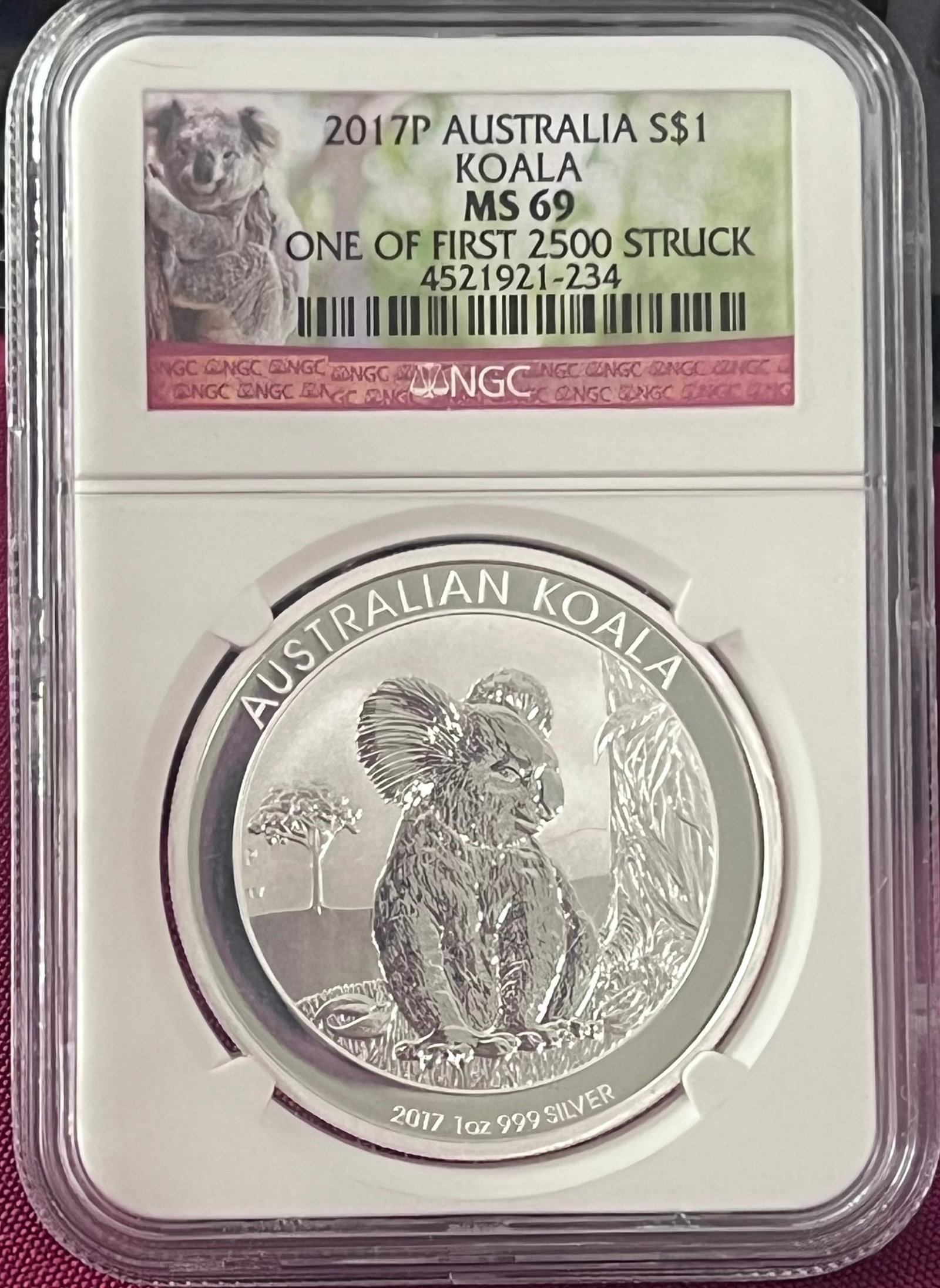 Graded 2017-P Australia One Ounce .999 Fine Silver Dollar - Koala - 1 of First 2500 Struck - MS69 by: Graded 2017-P Australia One Ounce .999 Fine Silver Dollar - Koala - 1 of First 2500 Struck - MS69 by NGC