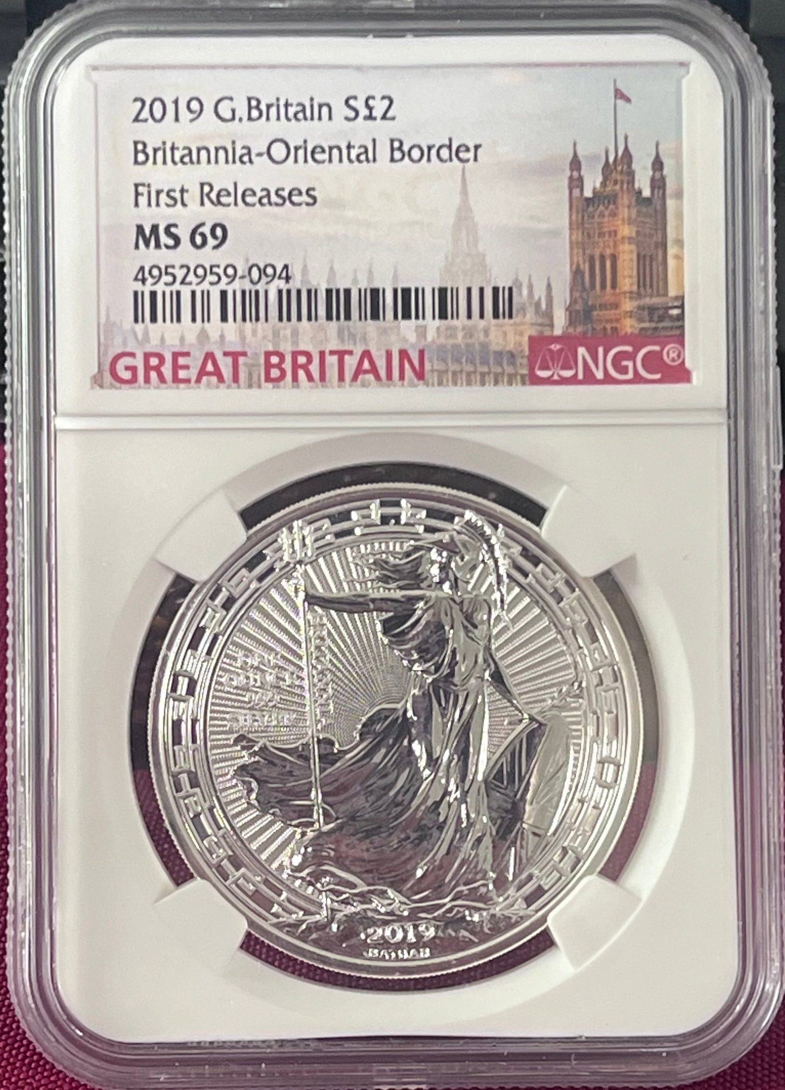 Graded 2019 G. Britian One Ounce .999 Fine Silver 2-Pound Coin - Britannia-Oriental Border - First: Graded 2019 G. Britian One Ounce .999 Fine Silver 2-Pound Coin - Britannia-Oriental Border - First Releases - MS69 by NGC