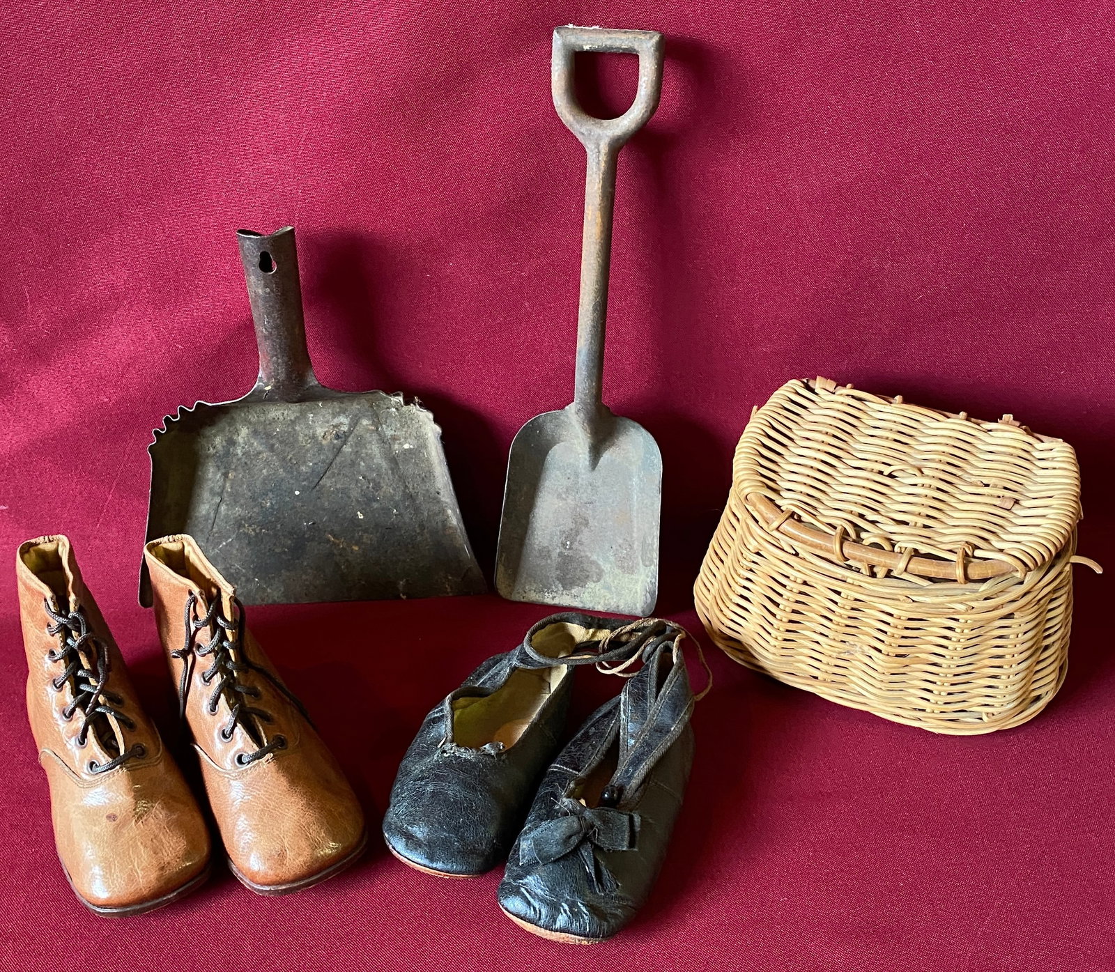 Children's Shoes, Child Sized Dust Pan, Sand Shovel, and Fishing Creel: Children's Shoes, Child Sized Dust Pan, Sand Shovel, and Fishing Creel
