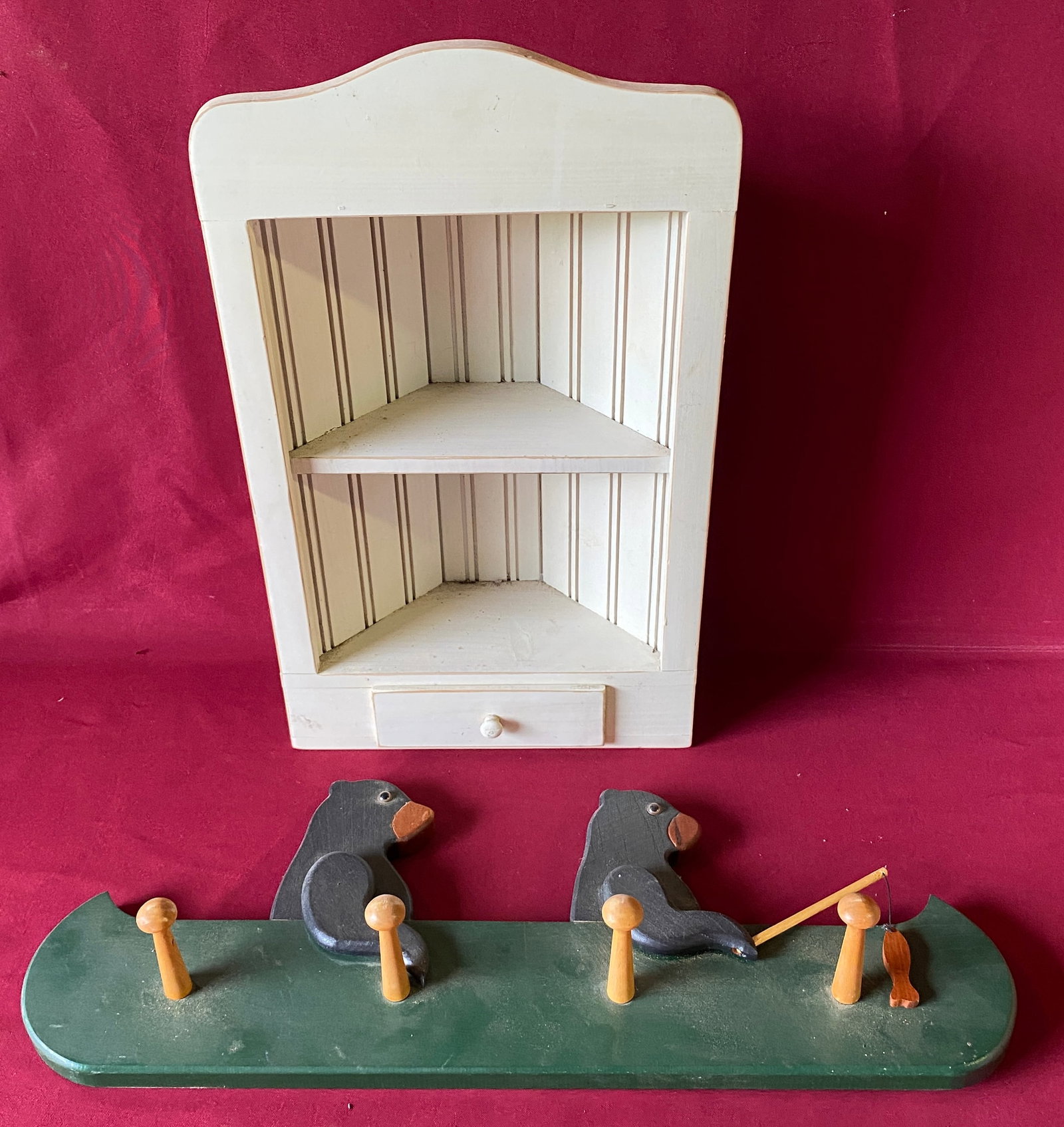 Small Wooden Hanging Corner Shelf and Two Bears Fishing in a Canoe Wall Mount Coat Rack - Absolutely (1 of 8)