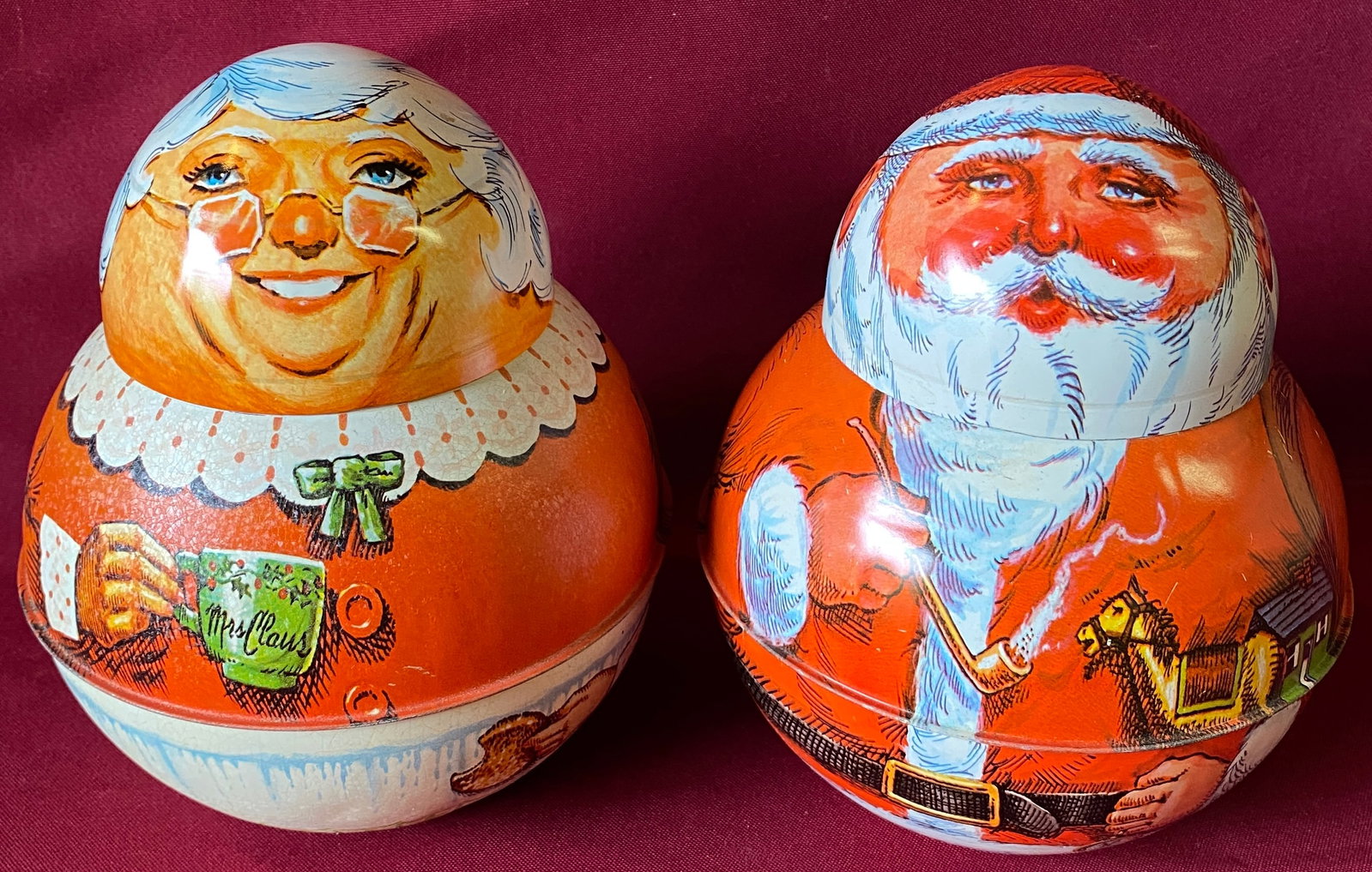 Two Vintage Metal Roly Poly Tins - 1981 Bristol Ware Mrs. Claus & Cheinco 1980 Santa - Chein: Two Vintage Metal Roly Poly Tins - 1981 Bristol Ware Mrs. Claus & Cheinco 1980 Santa - Chein Industries