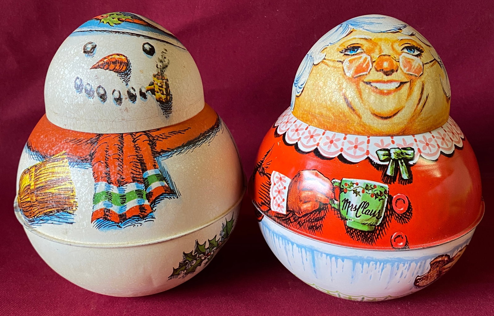 Two 1981 Roly Poly Metal/Tin Christmas Containers by Cheinco - Mrs. Claus & Snowman (1 of 8)