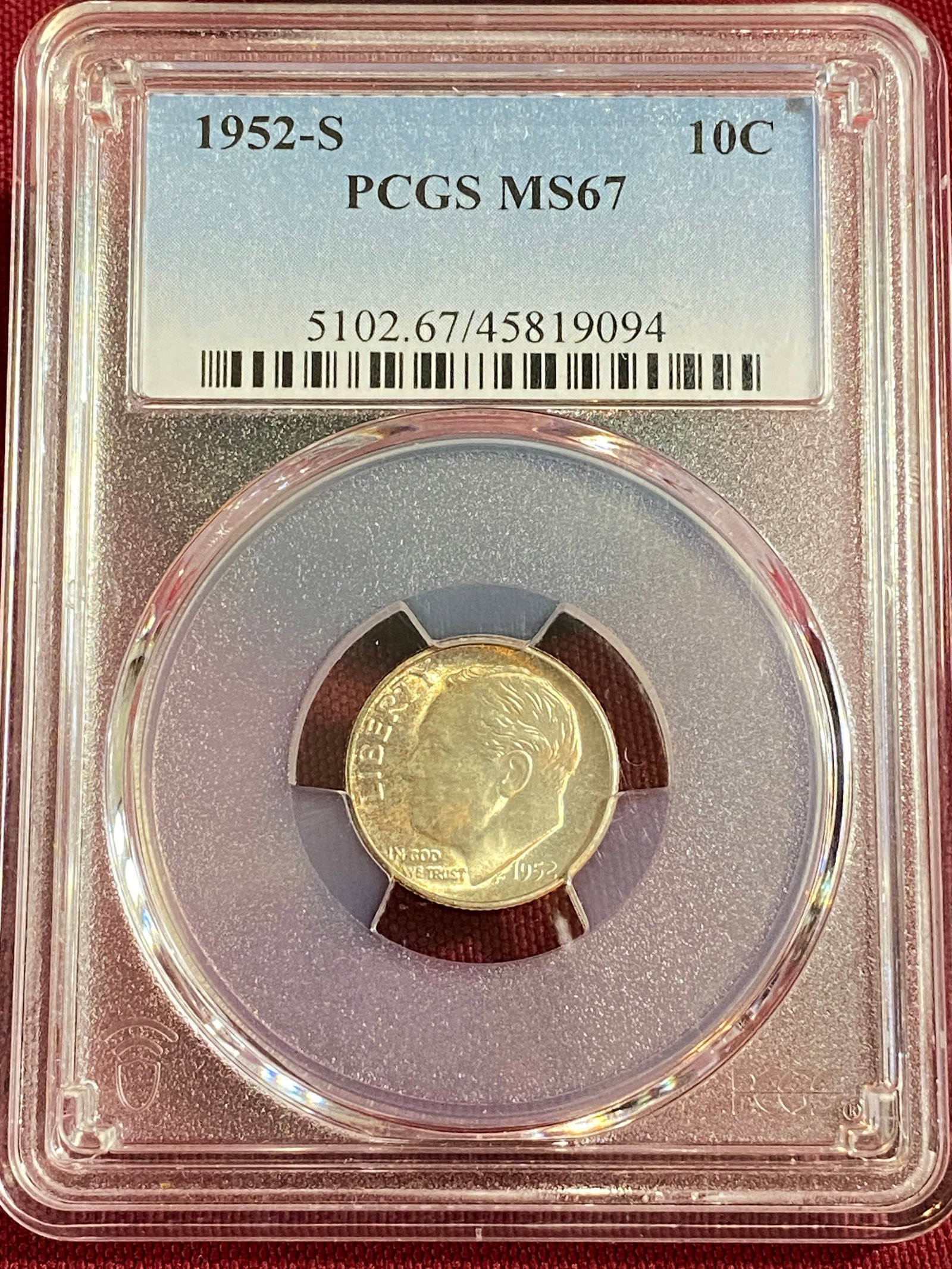 Graded 1952-S Roosevelt Silver Dime - MS67 by PCGS: Graded 1952-S Roosevelt Silver Dime - MS67 by PCGS