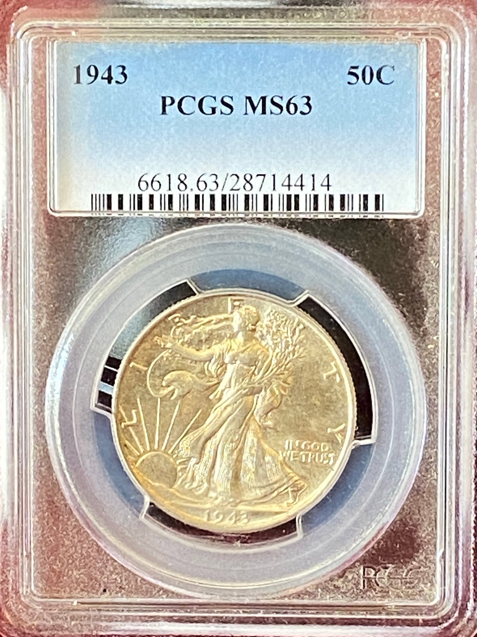 Graded 1943 Walking Liberty Silver Half Dollar - MS63 by PCGS: Graded 1943 Walking Liberty Silver Half Dollar - MS63 by PCGS