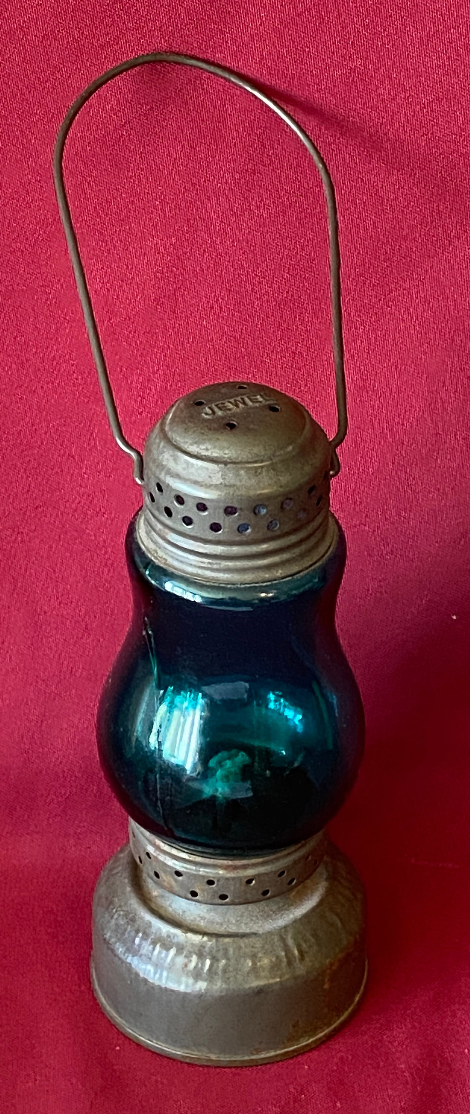Antique Jewel Skater's Lamp Lantern with Aqua Glass Globe (Crack in Globe) (1 of 9)