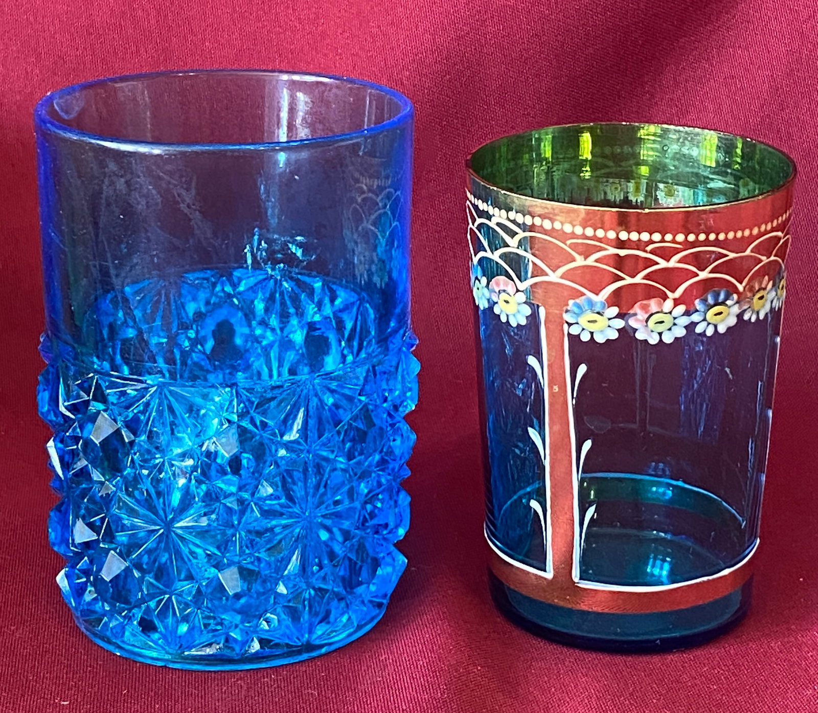Two Older Glasses - Daisy and Button Blue Glass Tumbler & Enamel Painted Floral Blue Glass (1 of 7)