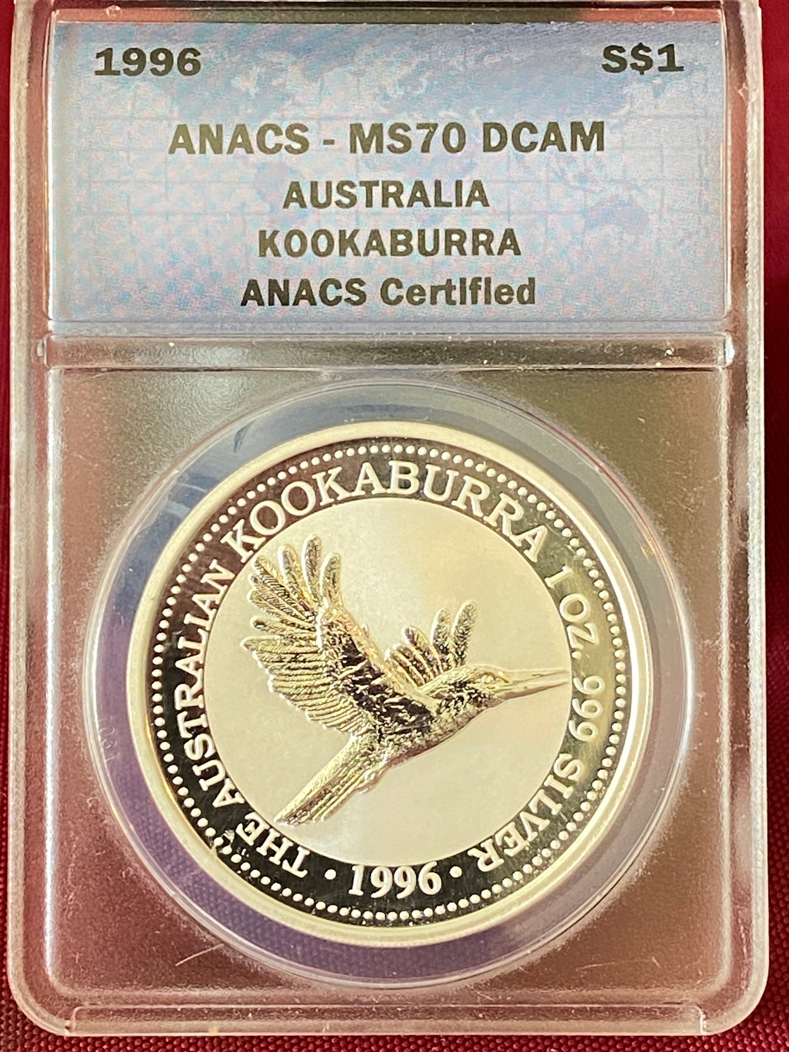 Graded 1996 Australia One Ounce .999 Fine Silver Dollar - Kookaburra - MS70DCAM by ANACS: Graded 1996 Australia One Ounce .999 Fine Silver Dollar - Kookaburra - MS70DCAM by ANACS