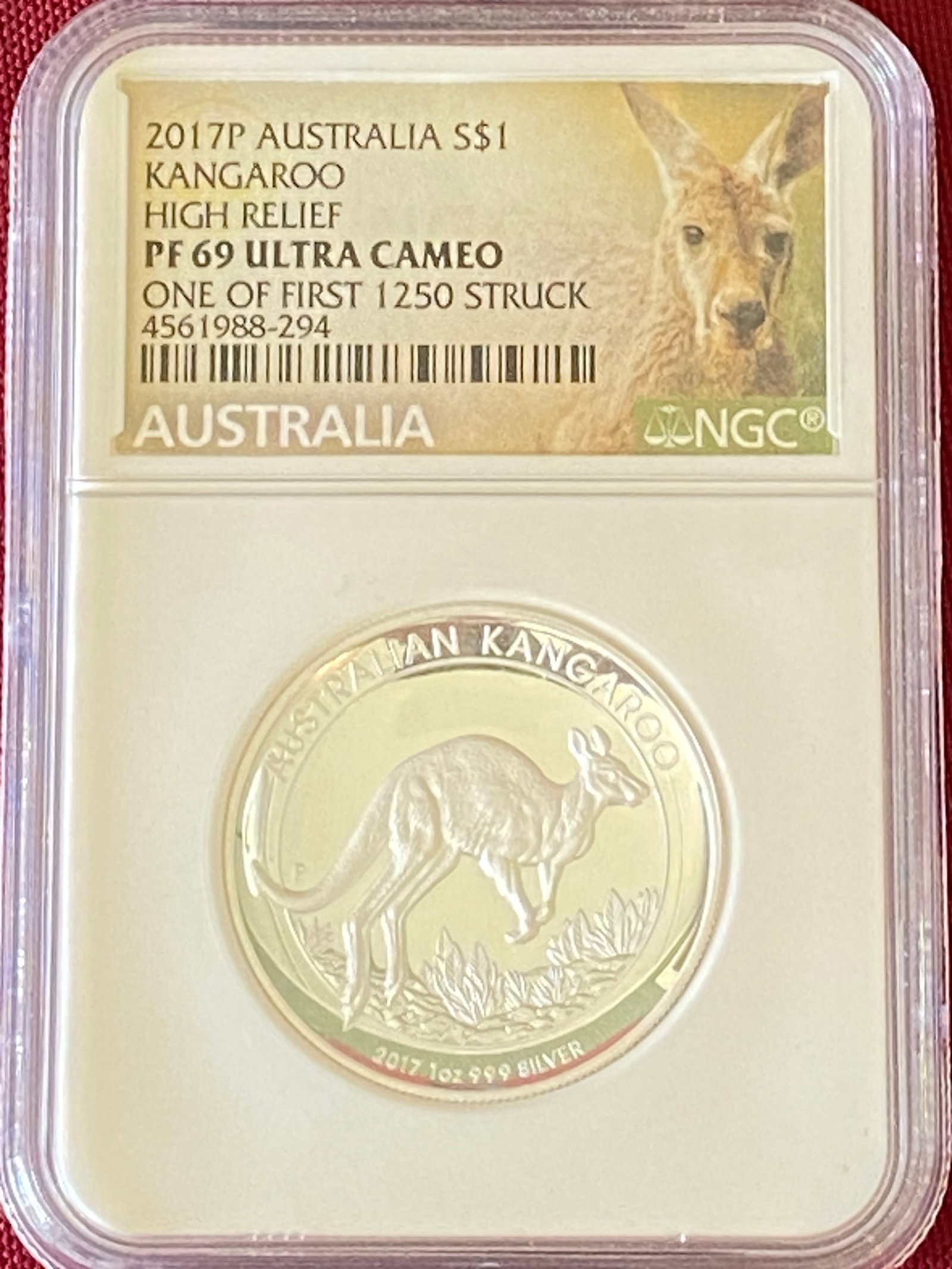 Graded 2017-P Australia One Ounce .999 Fine Silver Dollar - Kangaroo - High Relief - 1 of First 1250: Graded 2017-P Australia One Ounce .999 Fine Silver Dollar - Kangaroo - High Relief - 1 of First 1250 Struck - PF69 by NGC