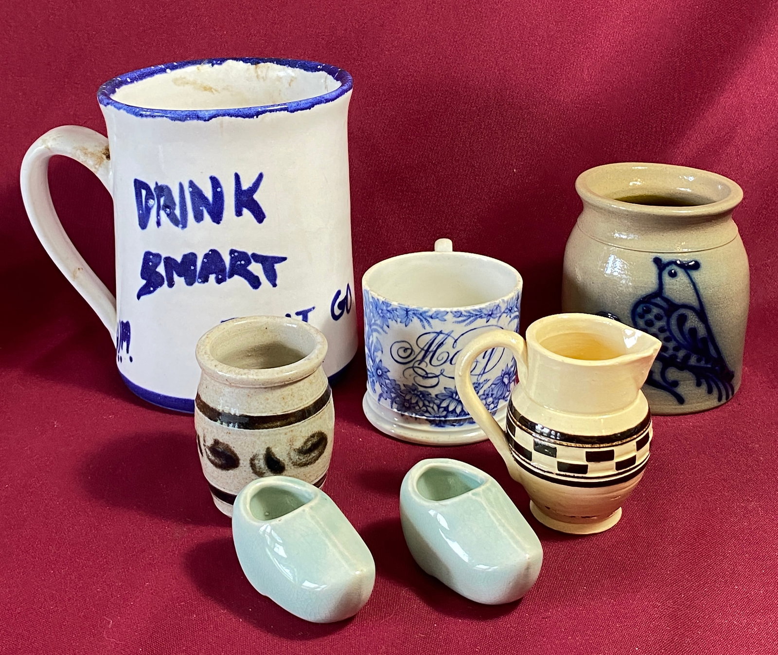 Pottery and Ceramics - Mochaware Pitcher, Cobalt Blue Bird Crock, 'Drink Smart', 'Mary' Mug, Etc. (1 of 16)