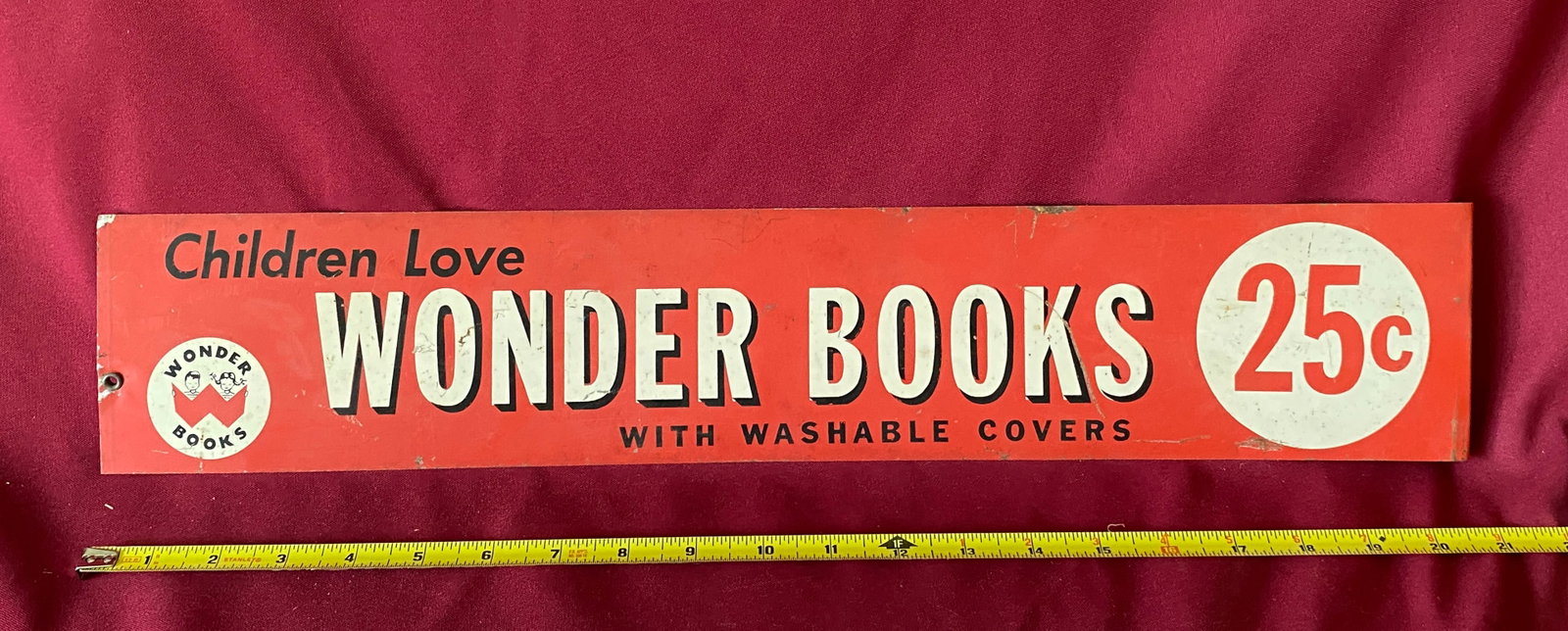 Older 'Children Love Wonder Books with Washable Covers' Metal Advertising Sign - 22"x4": Older 'Children Love Wonder Books with Washable Covers' Metal Advertising Sign - 22"x4"