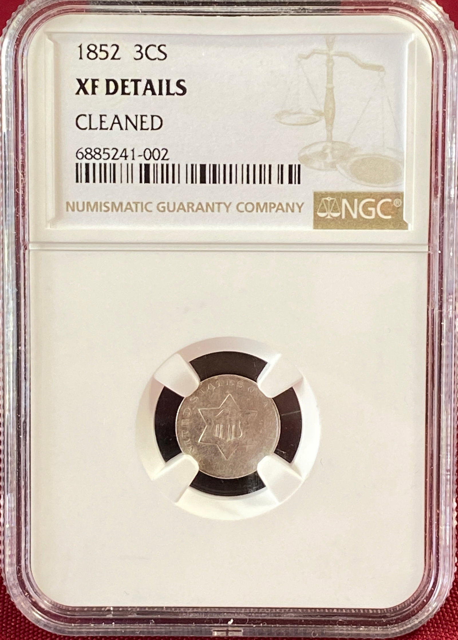 Graded 1852 3-Cent Silver Coin - Cleaned - XF Details by NGC: Graded 1852 3-Cent Silver Coin - Cleaned - XF Details by NGC