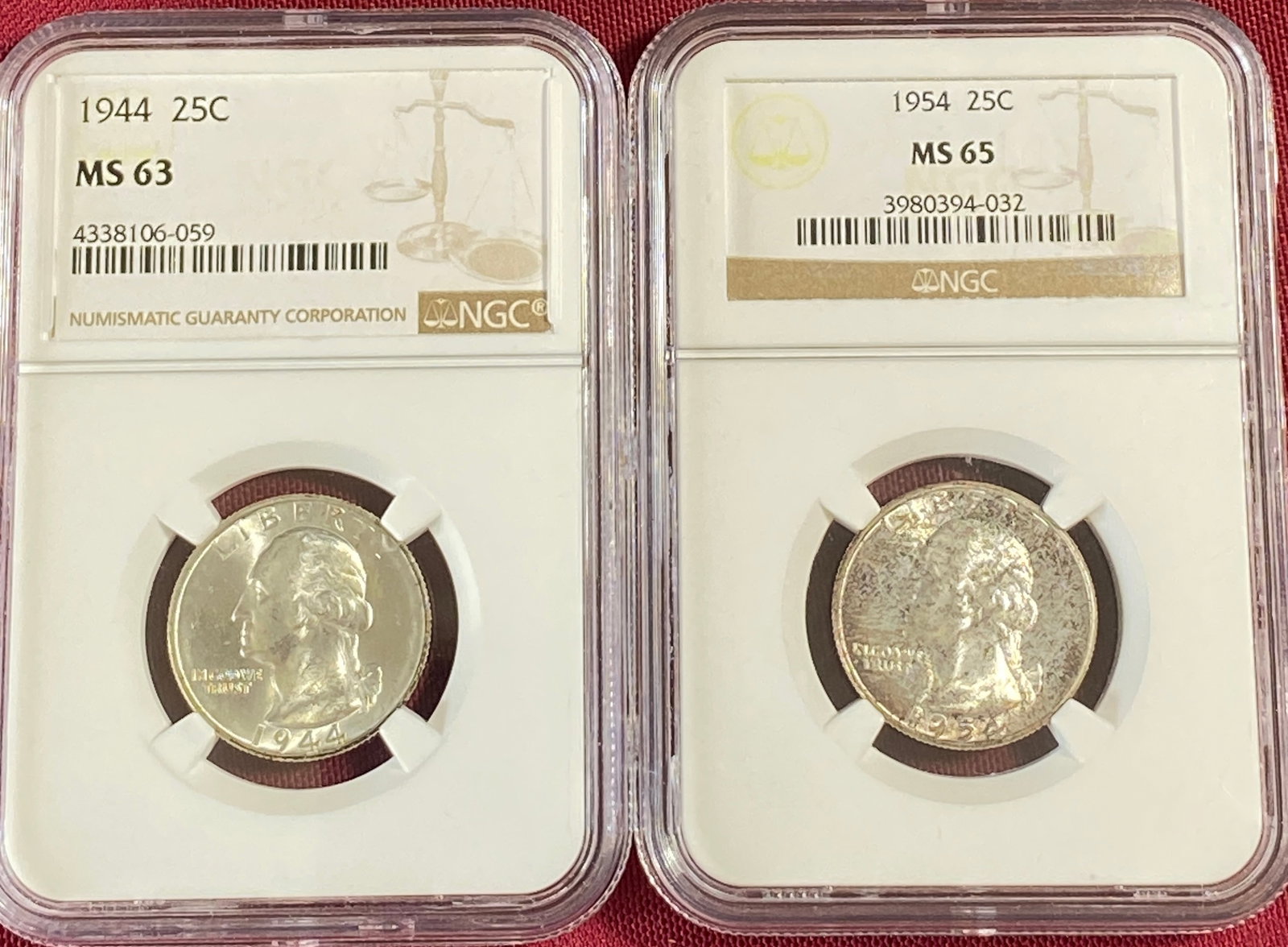 Two Graded Washington Silver Quarters - 1944 MS63 by NGC & 1954 MS65 by NGC: Two Graded Washington Silver Quarters - 1944 MS63 by NGC & 1954 MS65 by NGC