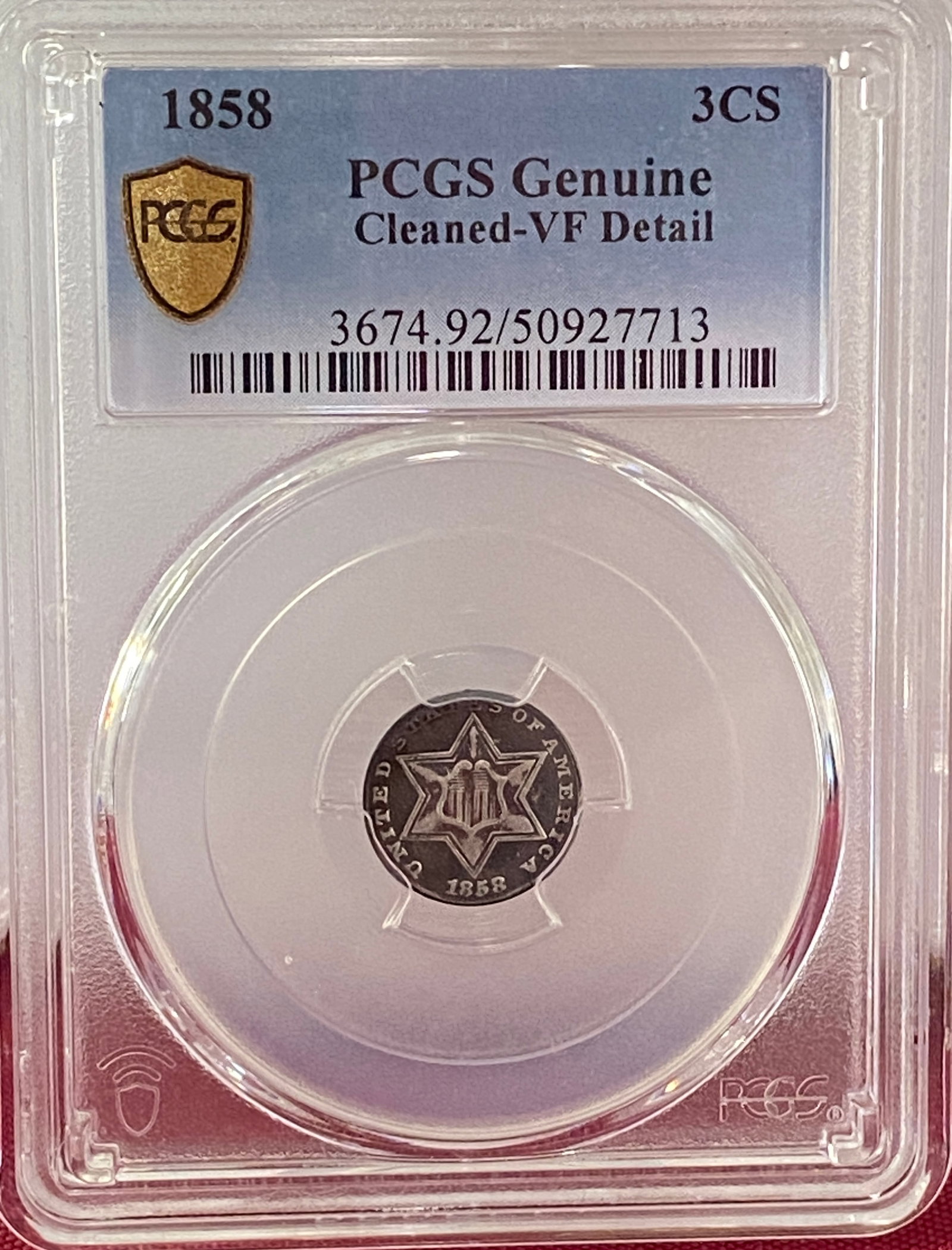 Graded 1858 3-Cent Silver Coin - Cleaned - Genuine VF Details by PCGS (1 of 3)