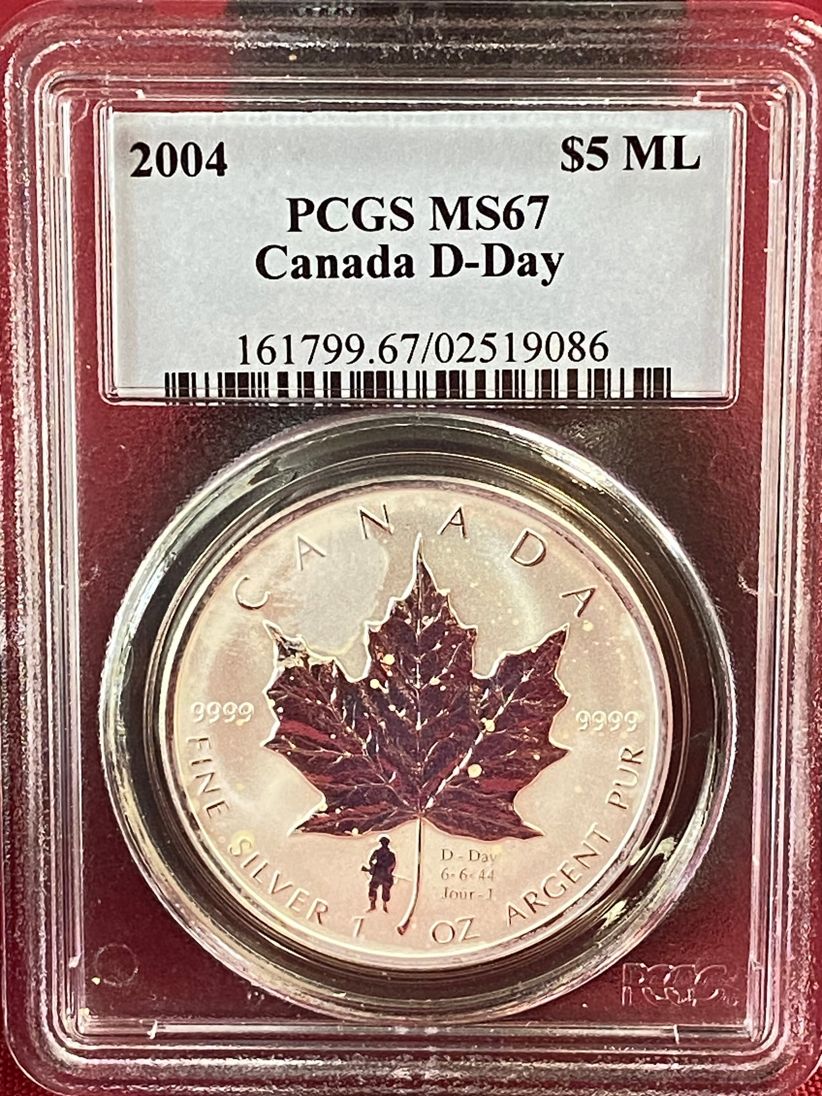 Graded 2004 Canada One Ounce .999 Fine Silver 5 Dollar Coin - Maple Leaf w/ Canada D-Day Privy -: Graded 2004 Canada One Ounce .999 Fine Silver 5 Dollar Coin - Maple Leaf w/ Canada D-Day Privy - MS67 by PCGS