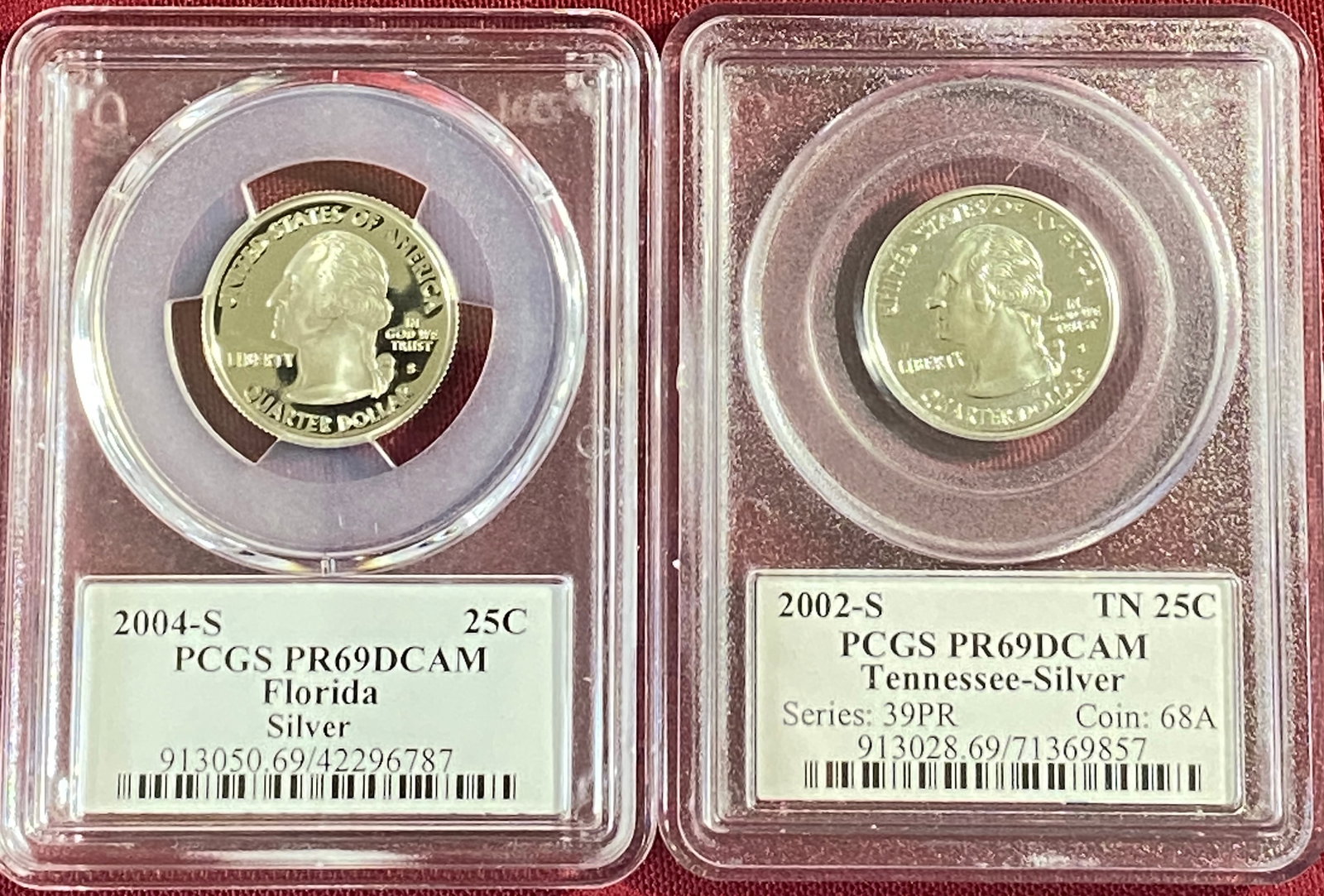 Two PR69DCAM Graded Silver Quarters by PCGS - 2002-S Tennessee & 2004-S Florida (1 of 5)