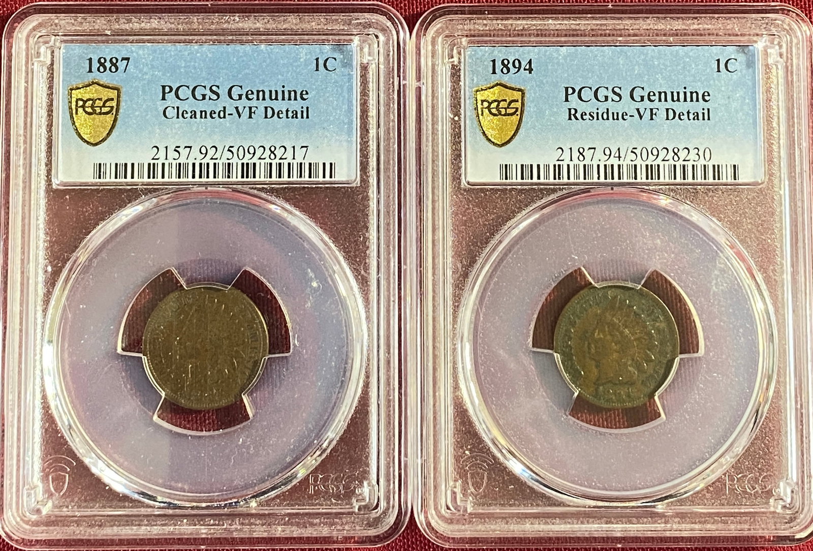 Two PCGS Genuine Indian Head Pennies - 1887 Cleaned - VF Details & 1894 Residue - VF Detail (1 of 7)