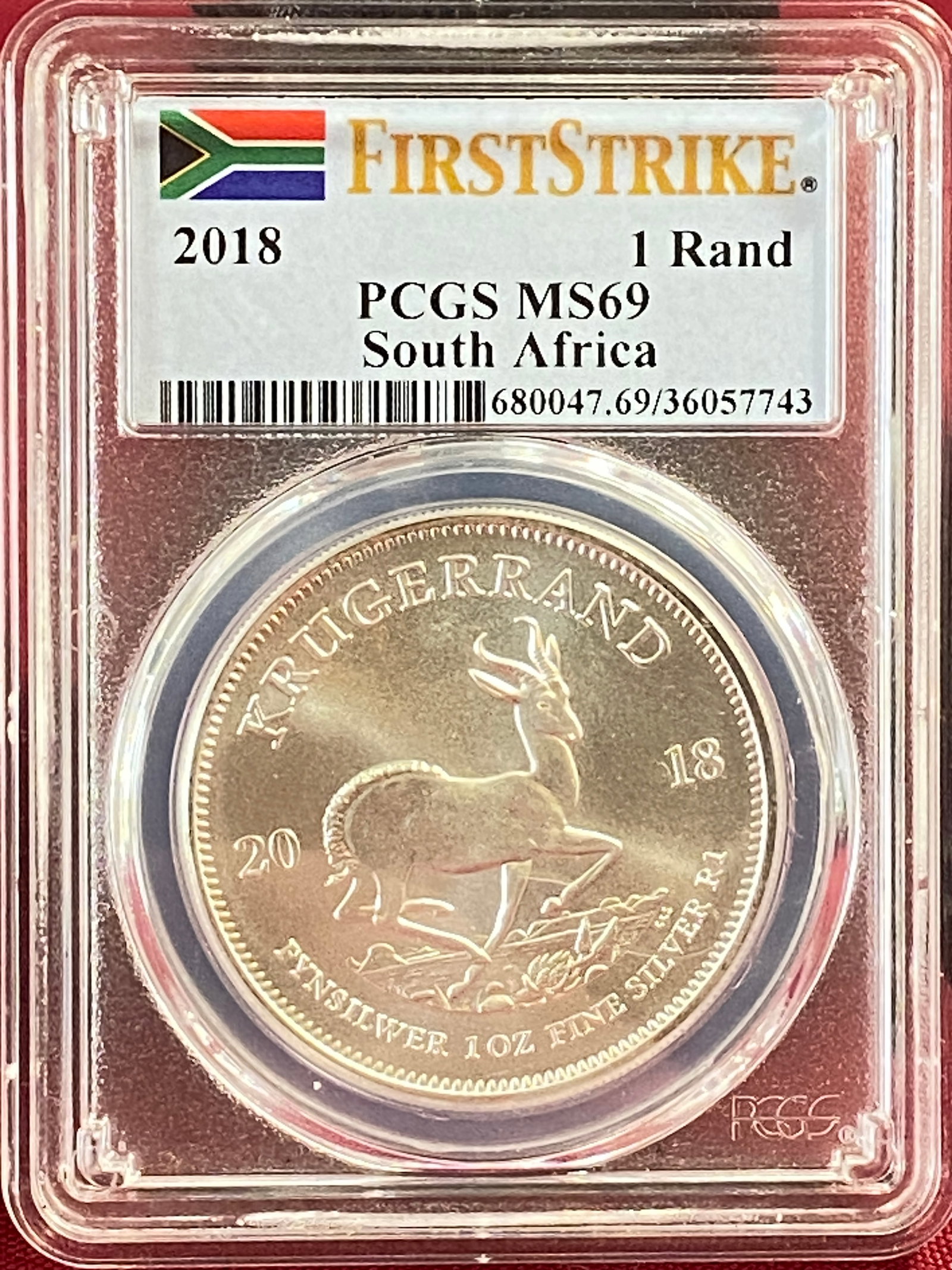 Graded 2018 S. Africa One Ounce .999 Fine Silver Rand - MS69 by PCGS: Graded 2018 S. Africa One Ounce .999 Fine Silver Rand - MS69 by PCGS