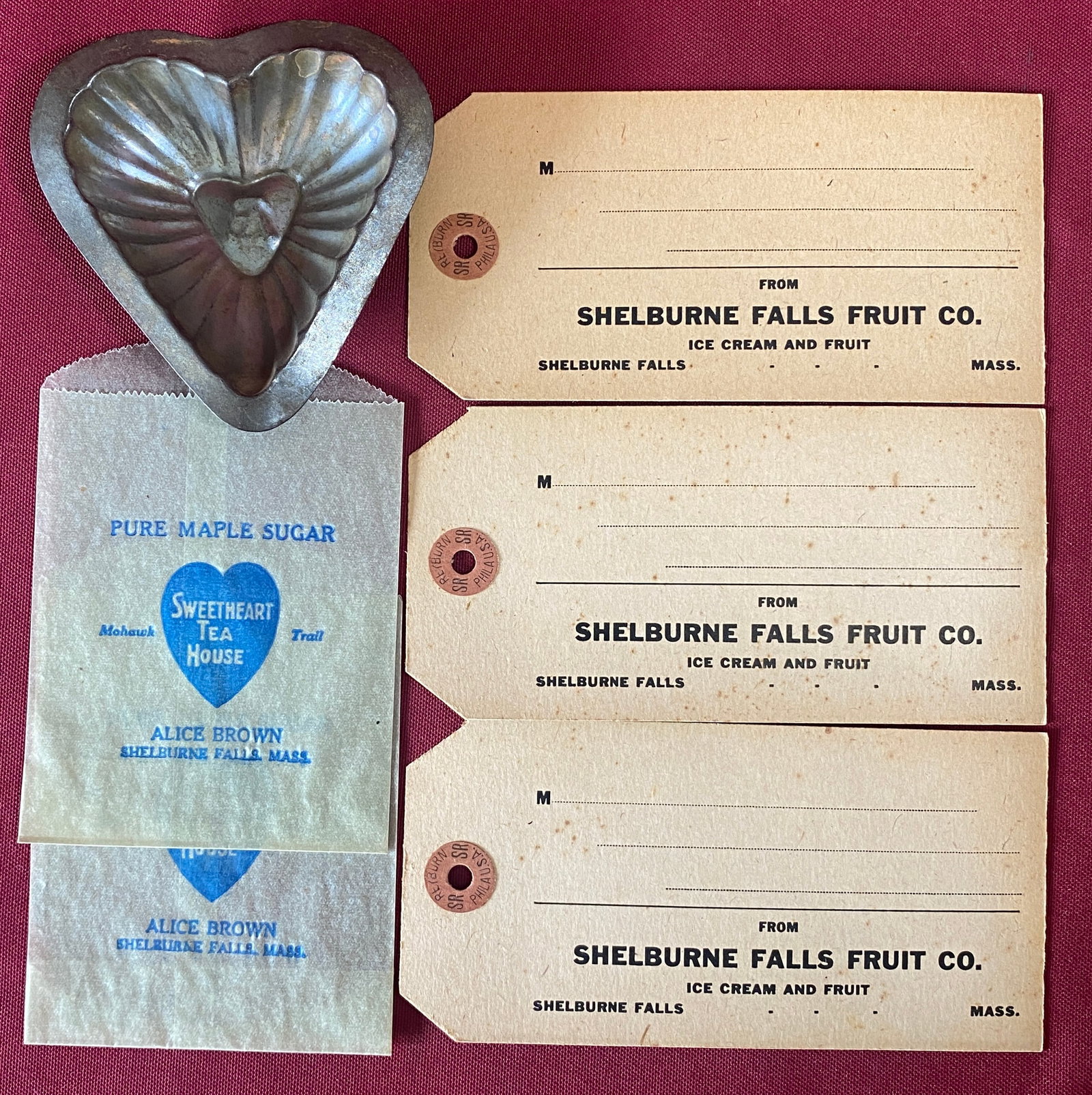 Older Shelburne Falls Advertising - Sweetheart Tea House Packaging, Candy Mold, and Fruit Tags (1 of 5)