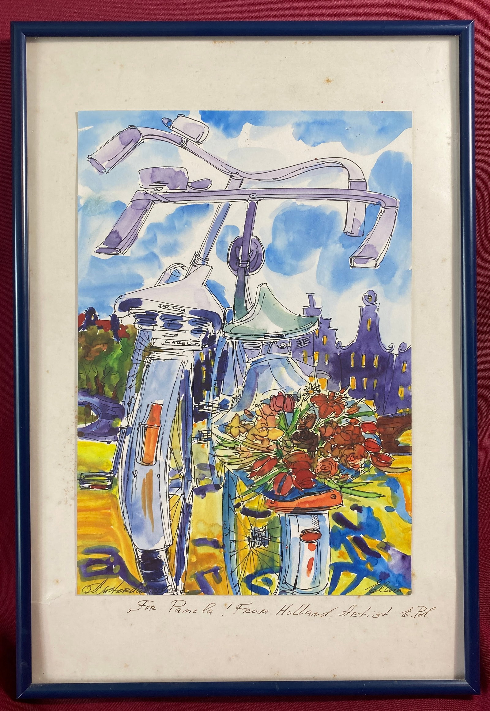 Framed Watercolor Painting by Elena Polet (Amsterdam, Holland) of Two Bicycles - Matte has (1 of 9)