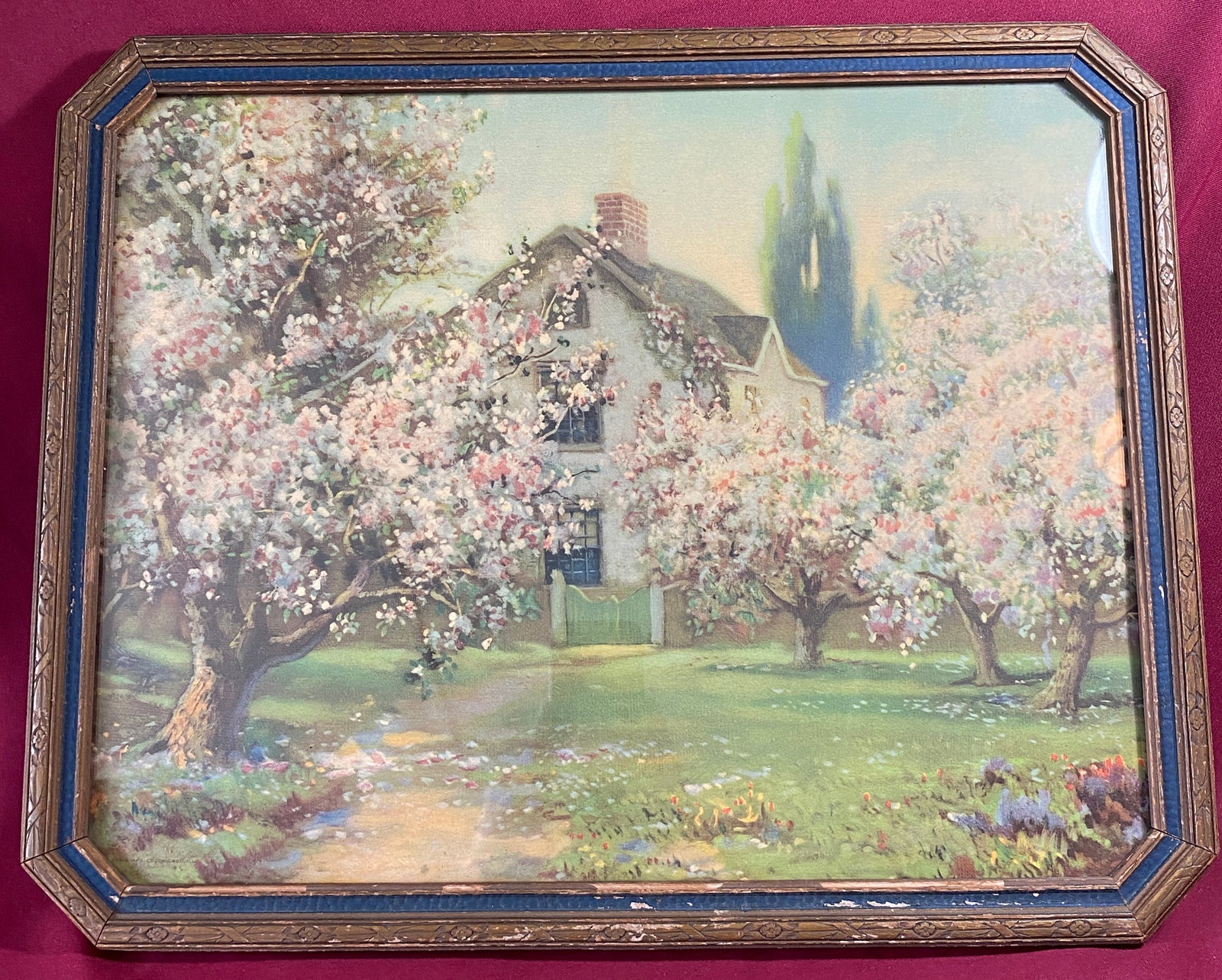 Framed Older Print of a House Amongst Flowering Trees - Overall 19.5"x15.75" (1 of 7)