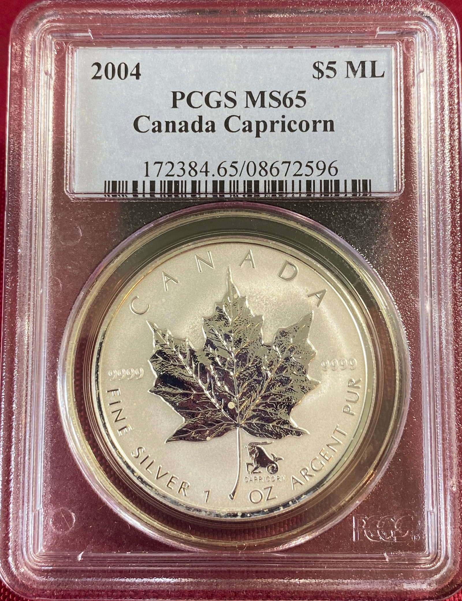 Graded 2004 Canada One Ounce .999 Fine Silver 5 Dollar Coin - Maple Leaf w/ Capricorn Zodiac Privy - (1 of 3)