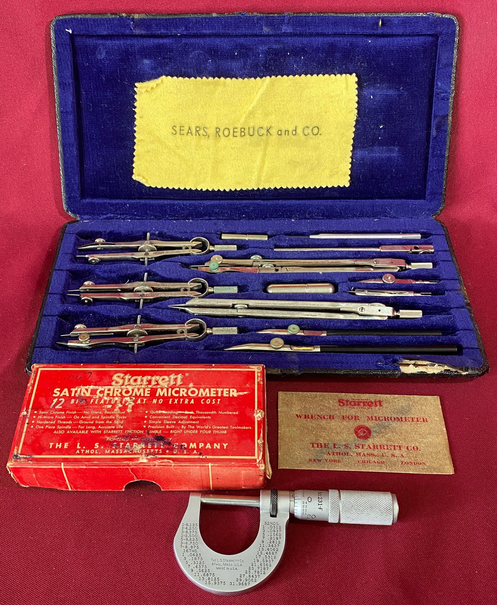 Starrett No 231-F Satin Chrome Micrometer and Sears, Roebuck, & Co. Drafting Set (1 of 5)