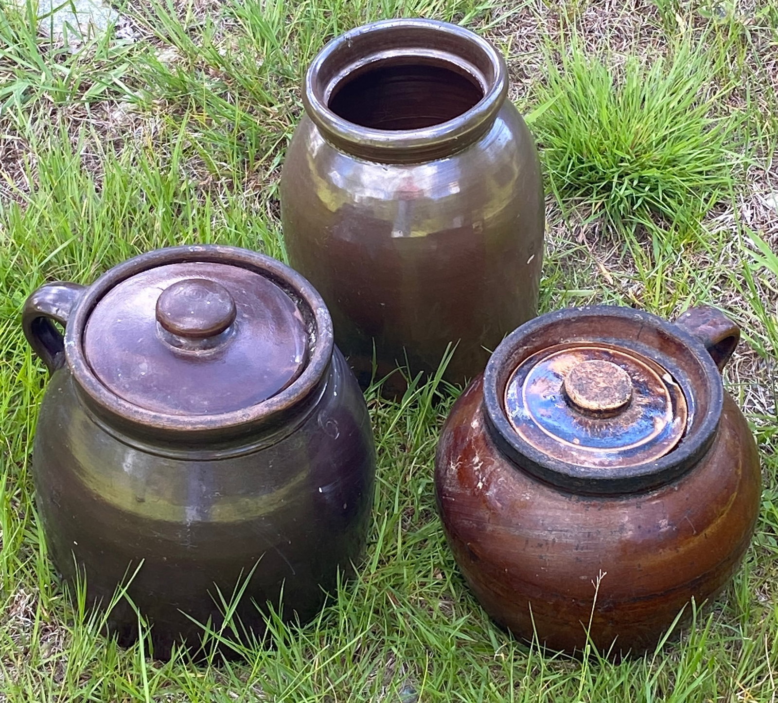 Three Pieces of Brown Glaze Stoneware - Two Beanpots and One Clock - Absolutely NO Shipping (1 of 6)