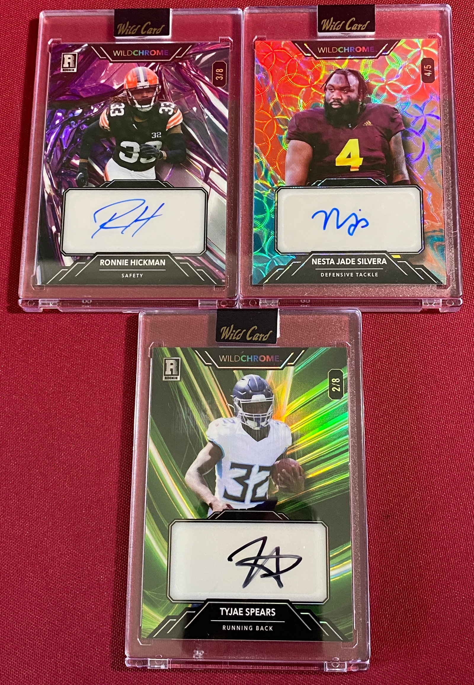 Three 2023 Autographed Wild Chrome Wild Card Football Cards - Tyjae Spears, Nesta Jade Silvera, (1 of 5)