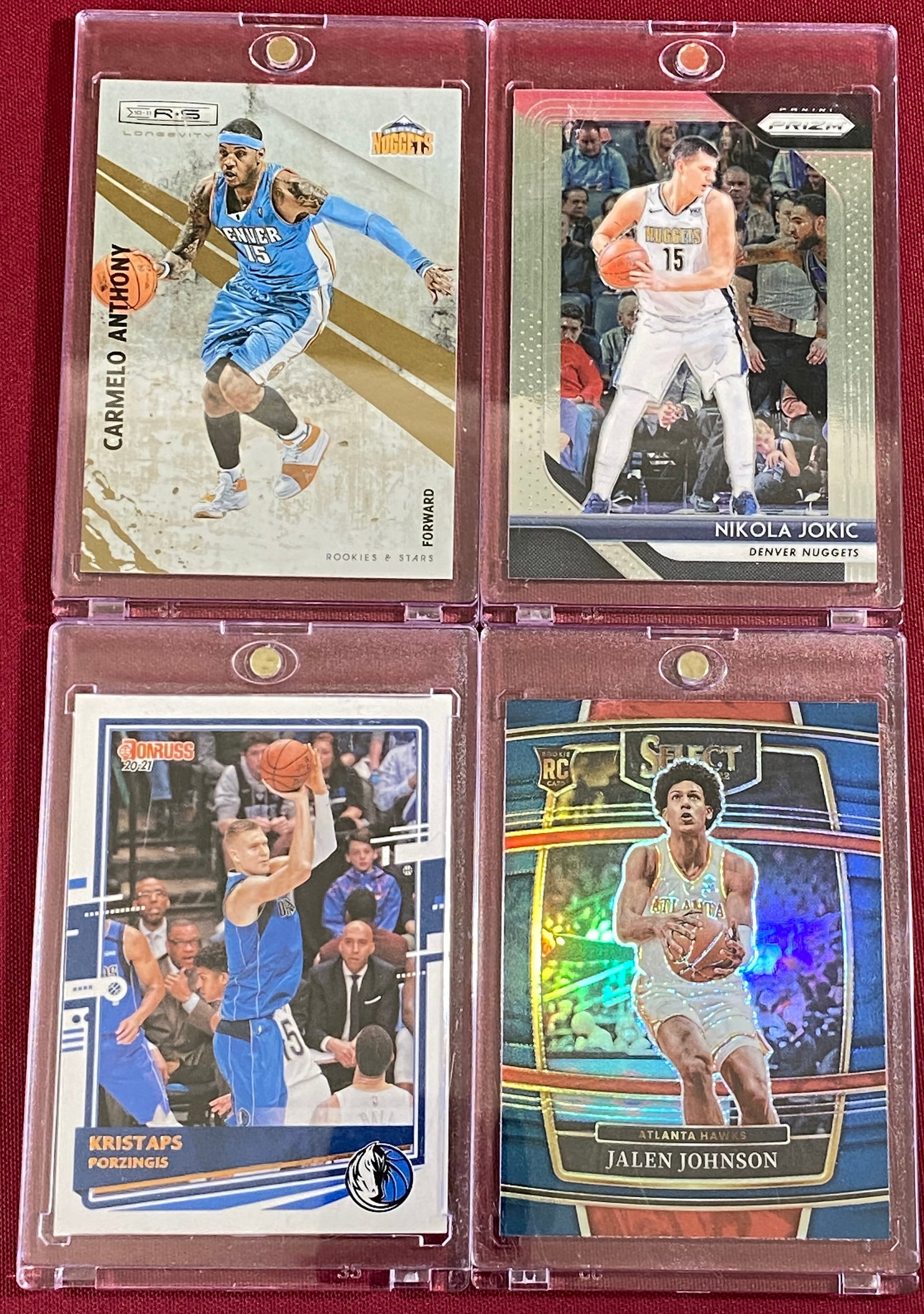 Four Panini Basketball Cards - 2010 #67 Carmelo Anthony, 2018-19 Prizm #92 Nikola Jokic, 2020 (1 of 2)