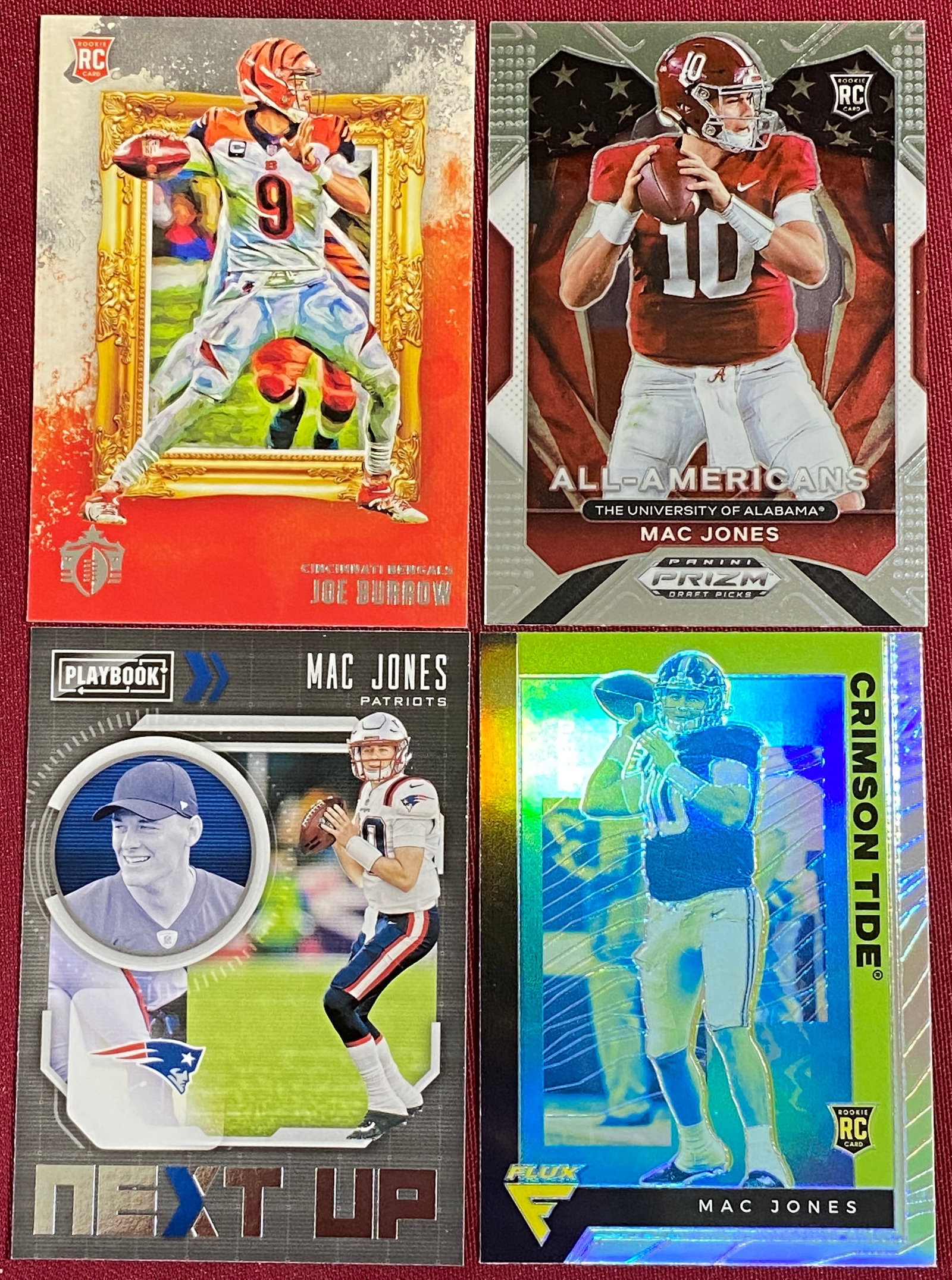 Four Panini Football Cards - 2020 #GK-1 Joe Burrow, 2021 #183 Mac Jones, 2021 #NXT-MJO Mac Jones, (1 of 2)