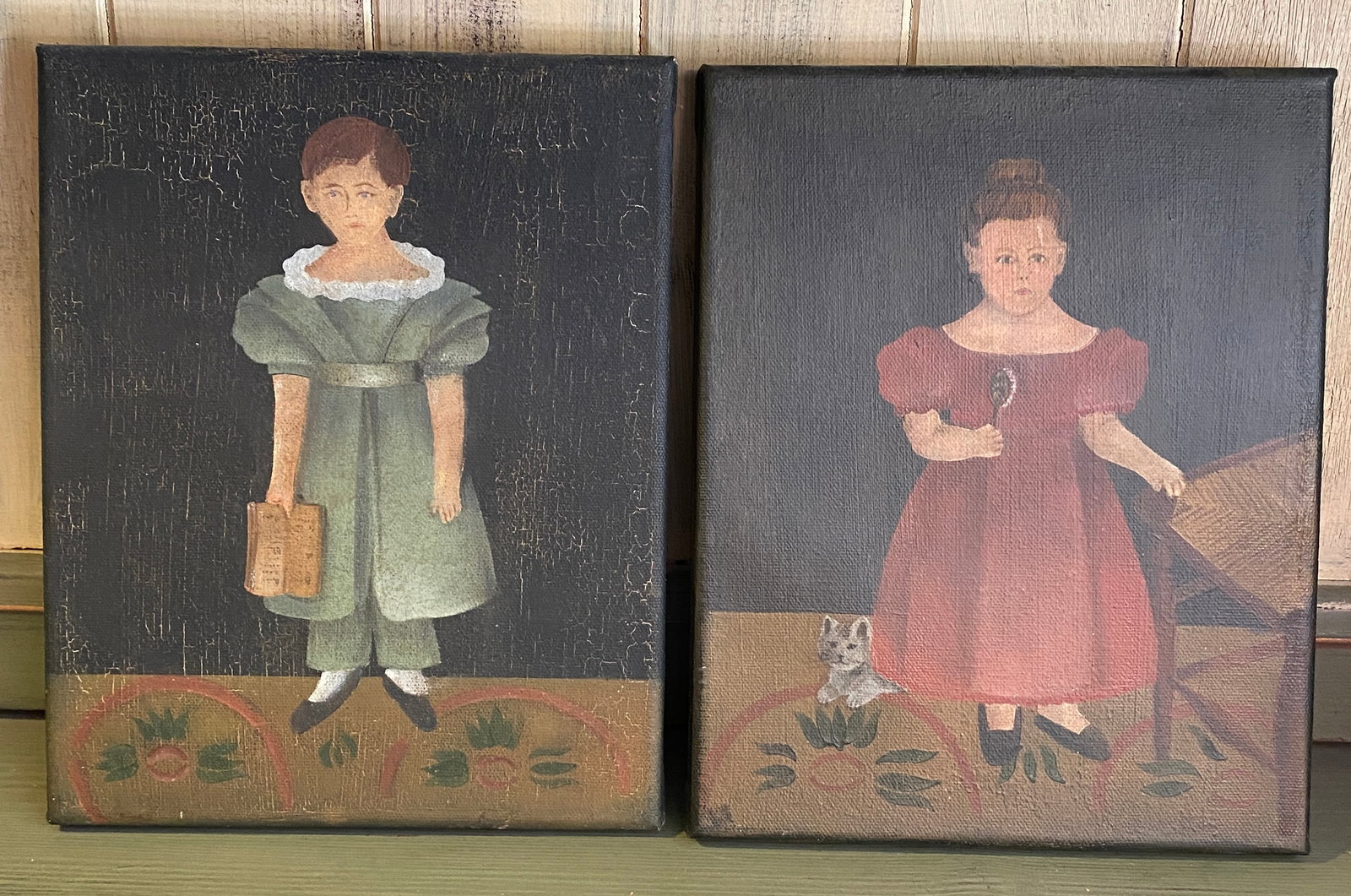 Two Folk-Art Style Oil on Canvas Portraits of Children (1 of 7)