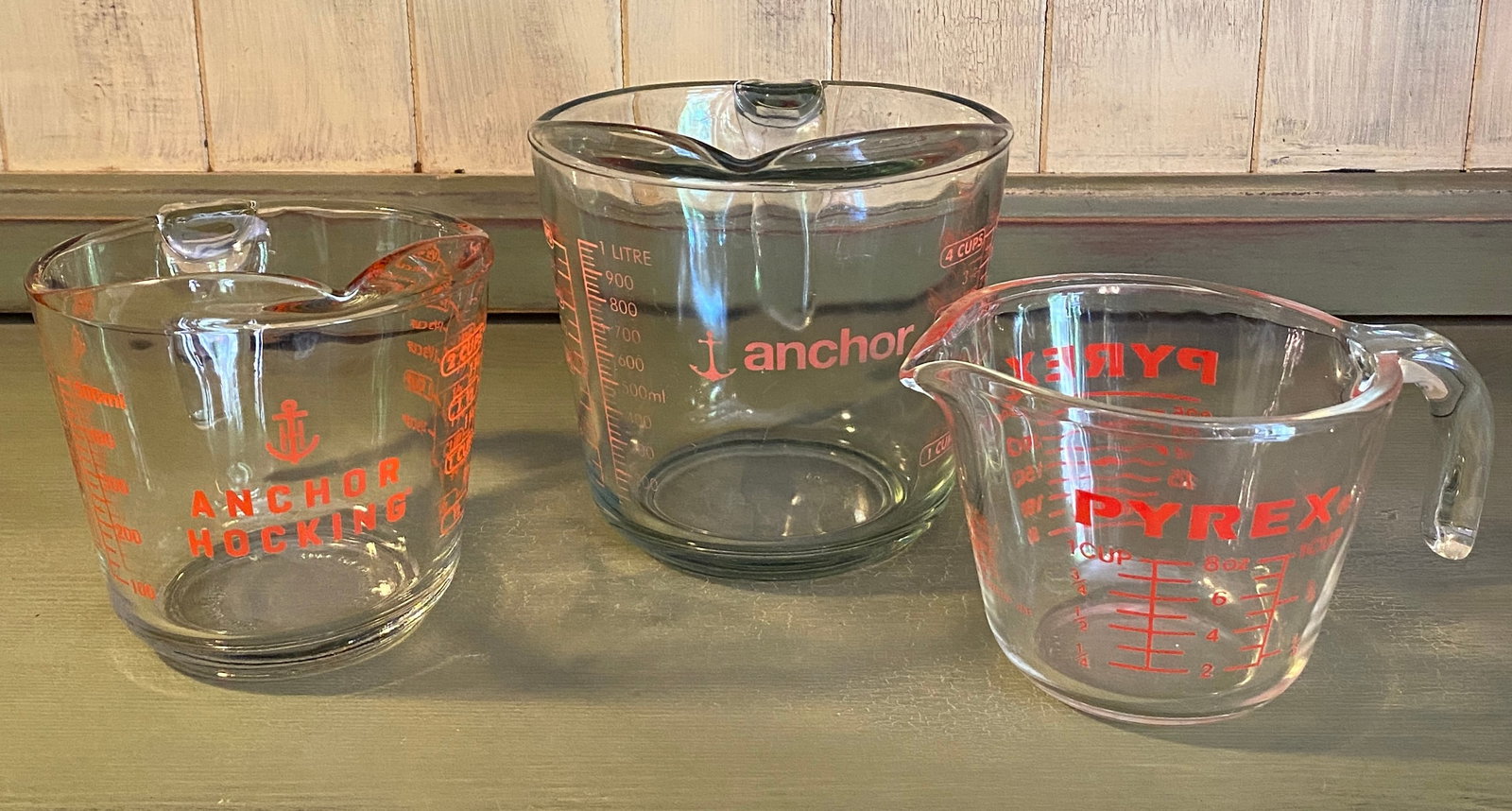Three Glass Measuring Cups - (2) Anchor Hocking & (1) Pyrex - 1, 2, 4 Cups (1 of 7)