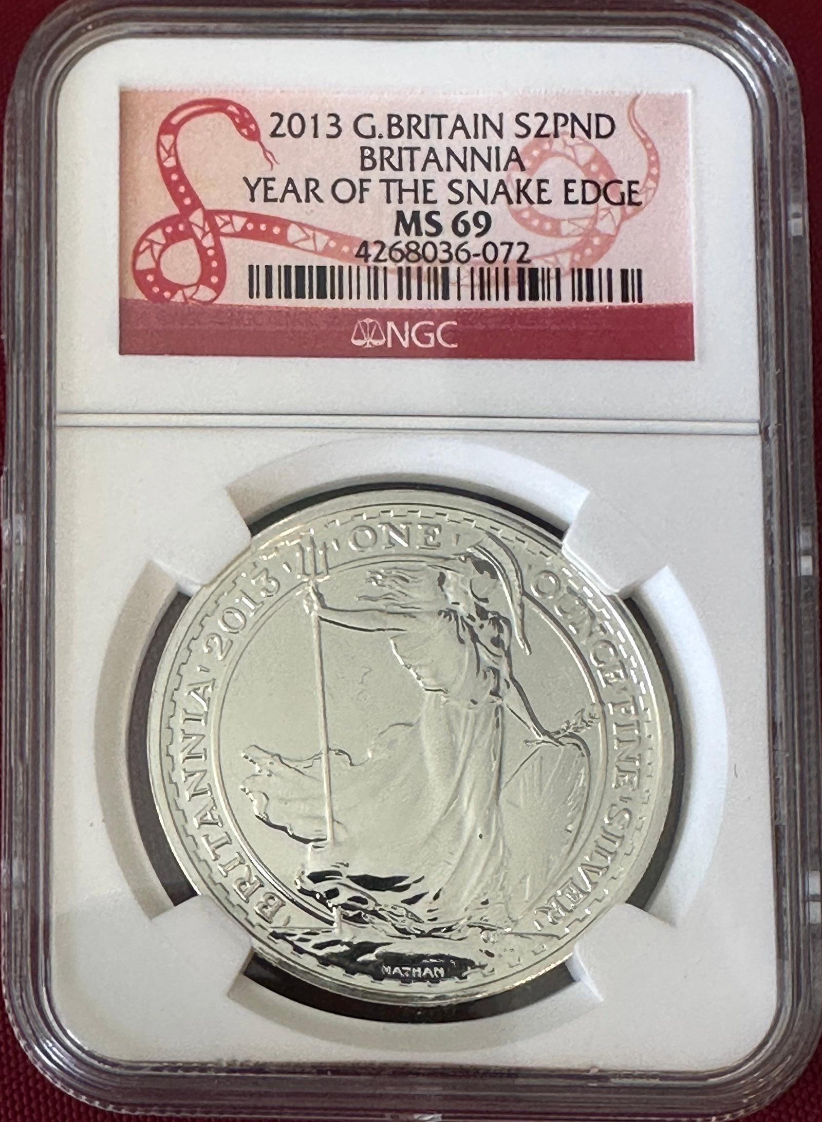 Graded 2013 G. Britian One Ounce .999 Fine Silver 2-Pound Coin - Britannia - Year of the Snake Edge: Graded 2013 G. Britian One Ounce .999 Fine Silver 2-Pound Coin - Britannia - Year of the Snake Edge - MS69 by NGC