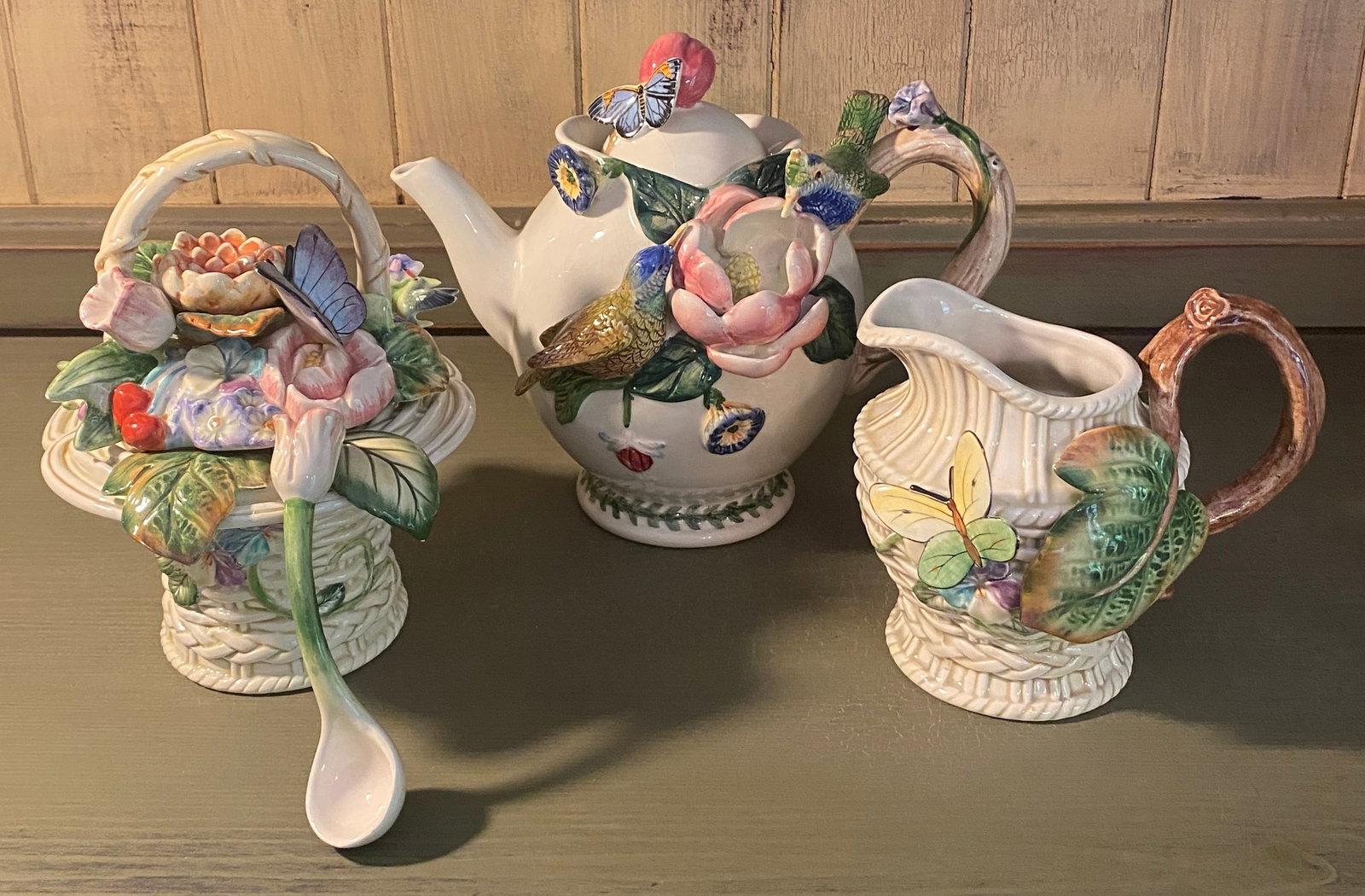 Teapot and Cream & Sugar Bowl - Botanic Hummingbird & Fitz and Floyd 'Basket' Theme - Absolutely No (1 of 10)