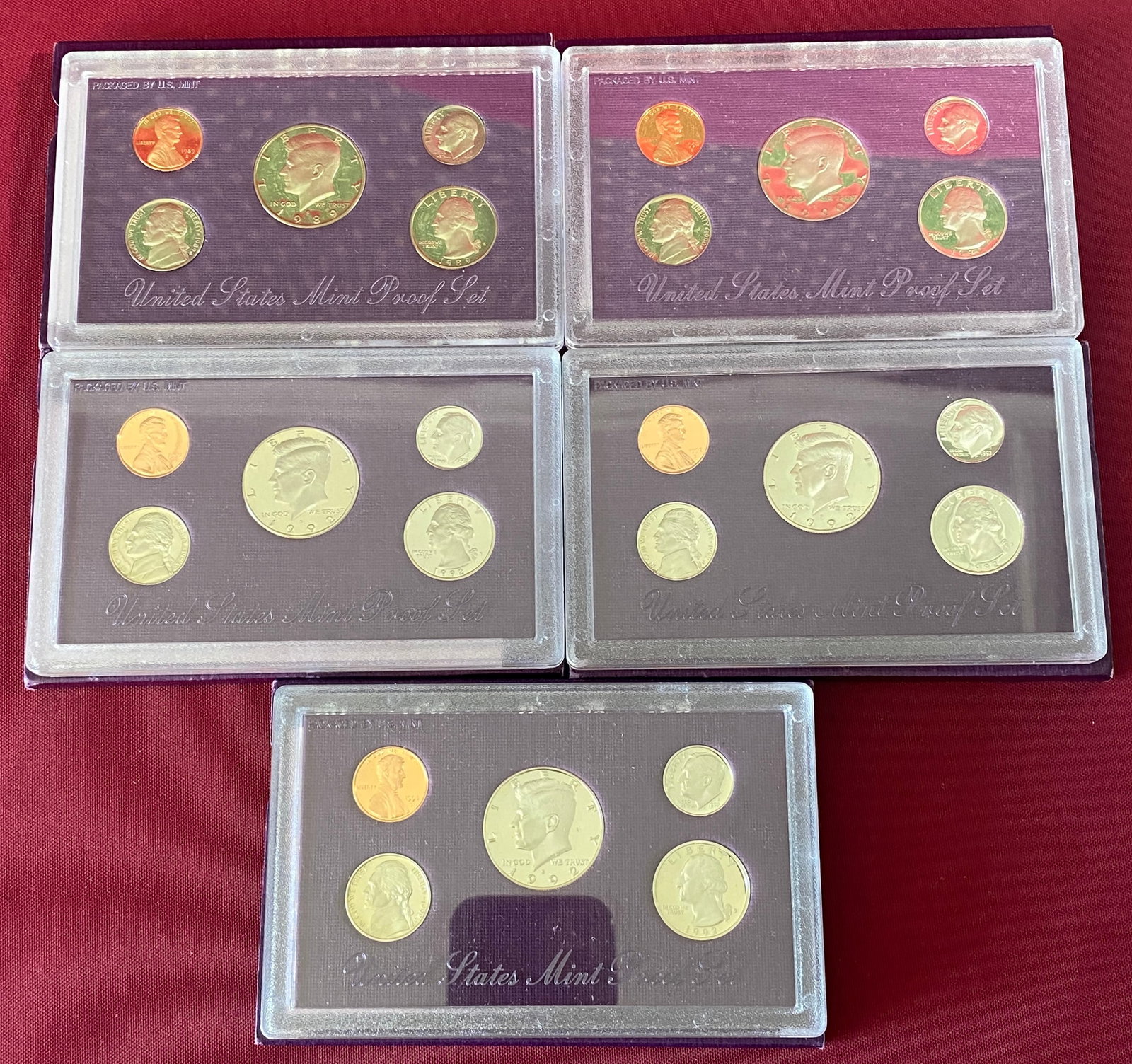 Five U.S. Mint Proof Sets - 1989, 1990, (3) 1992: Five U.S. Mint Proof Sets - 1989, 1990, (3) 1992