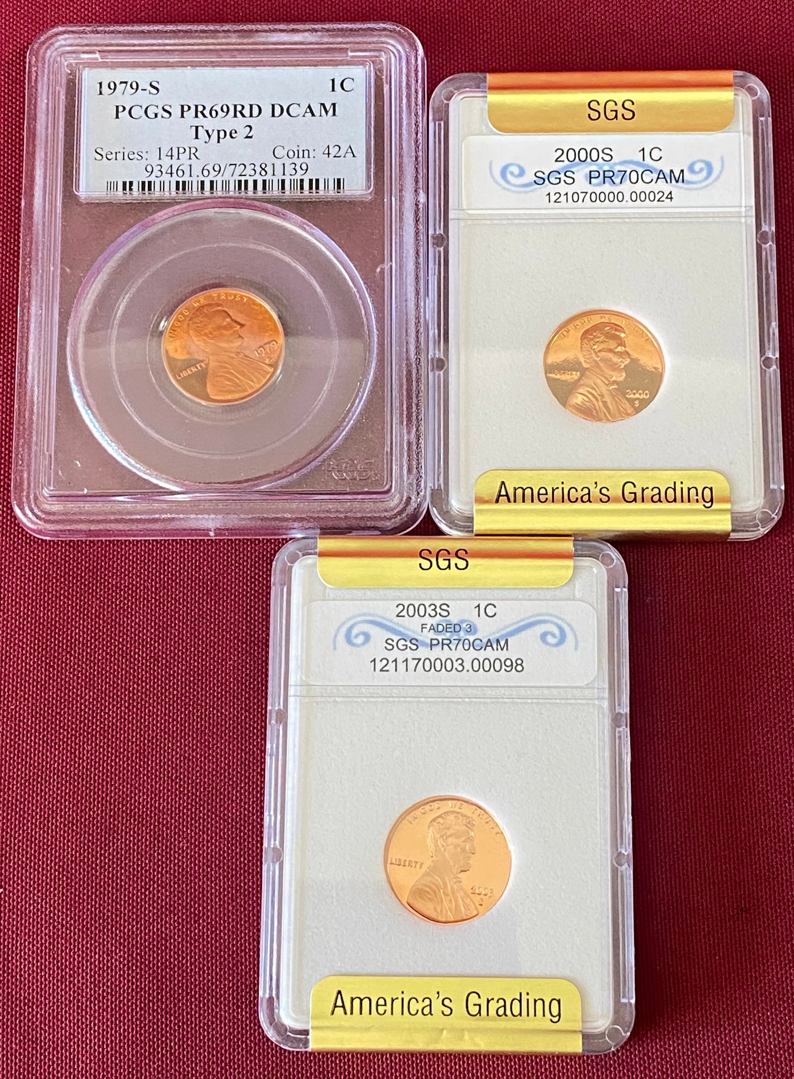 Three Graded Lincoln Pennies - 1979-S PR69RD DCAM Type 2 by PCGS, 2000-S & 2003-S PR70 by SGS (1 of 2)