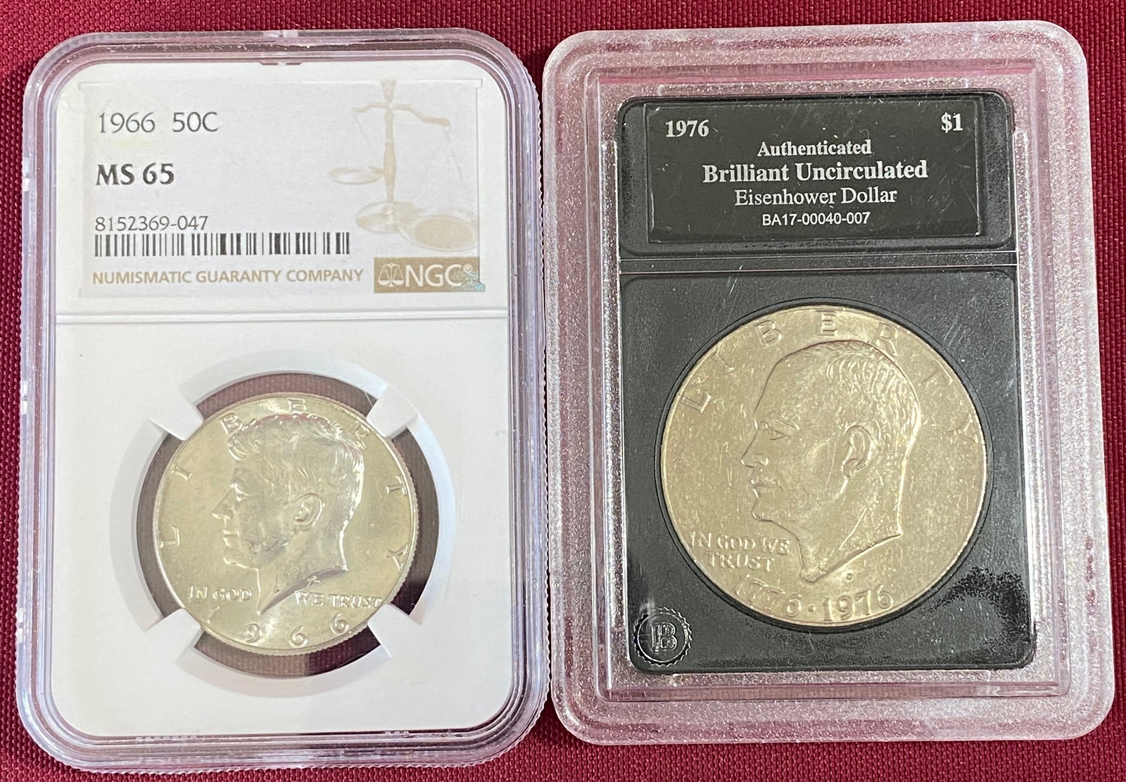 Two Graded Coins - 1966 Kennedy Half Dollars MS65 by NGC & 1976-D Brilliant Uncirculated Eisenhower (1 of 2)