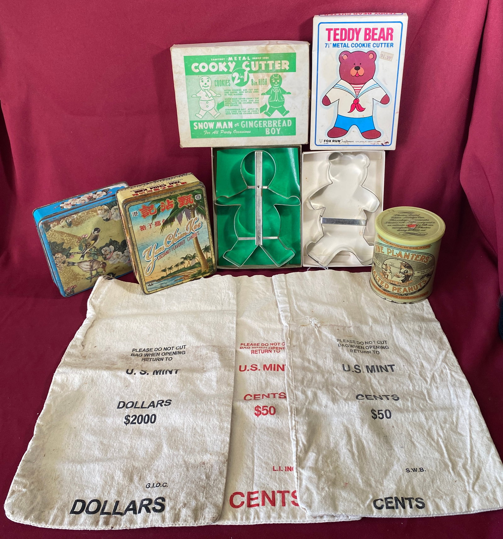 Old Canvas Advertising Bank Bags, Tins, and Cookie Cutters (1 of 6)