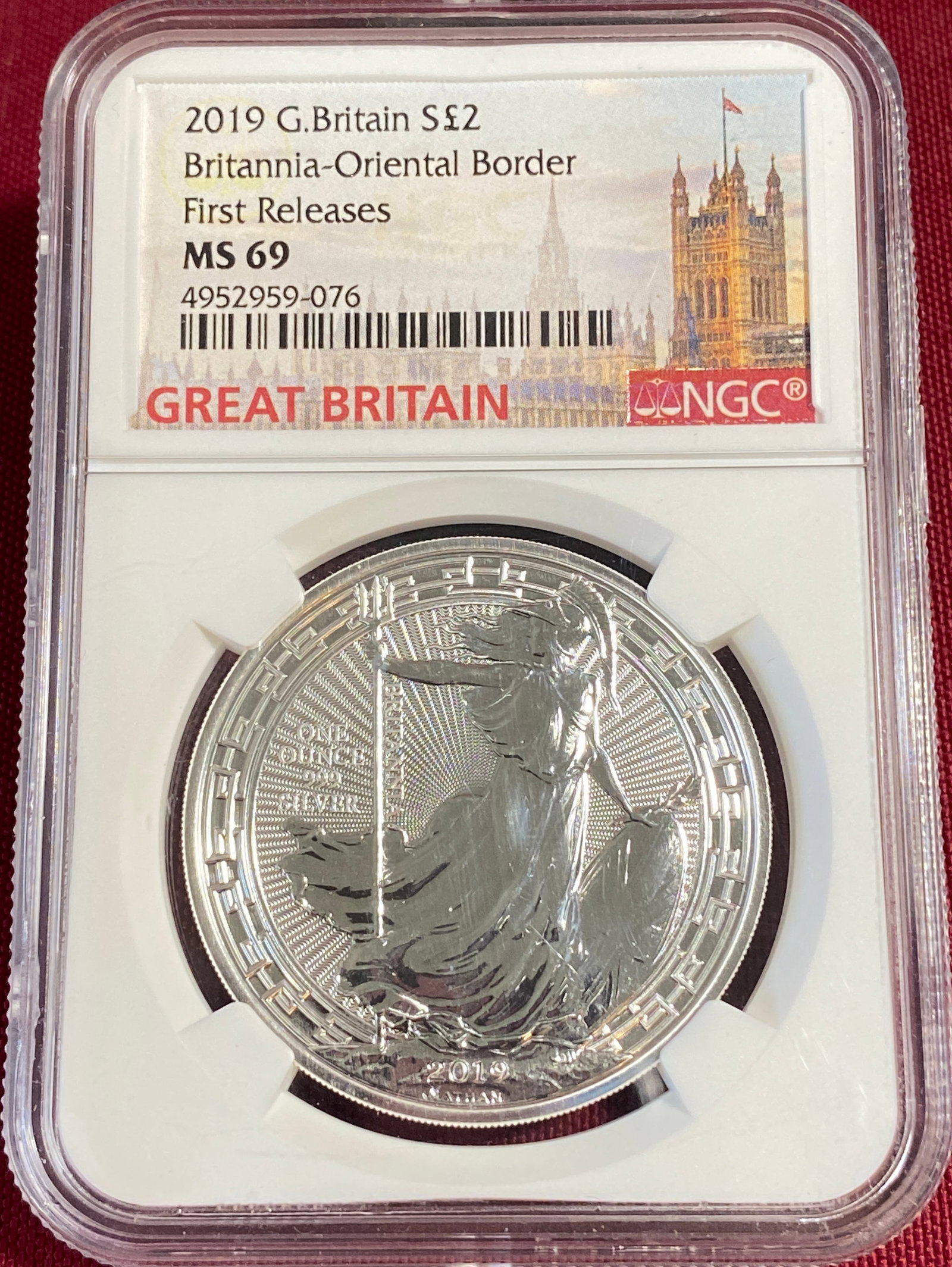 Graded 2019 G. Britian One Ounce .999 Fine Silver 2-Pound Coin - Britannia-Oriental Border - First: Graded 2019 G. Britian One Ounce .999 Fine Silver 2-Pound Coin - Britannia-Oriental Border - First Releases - MS69 by NGC