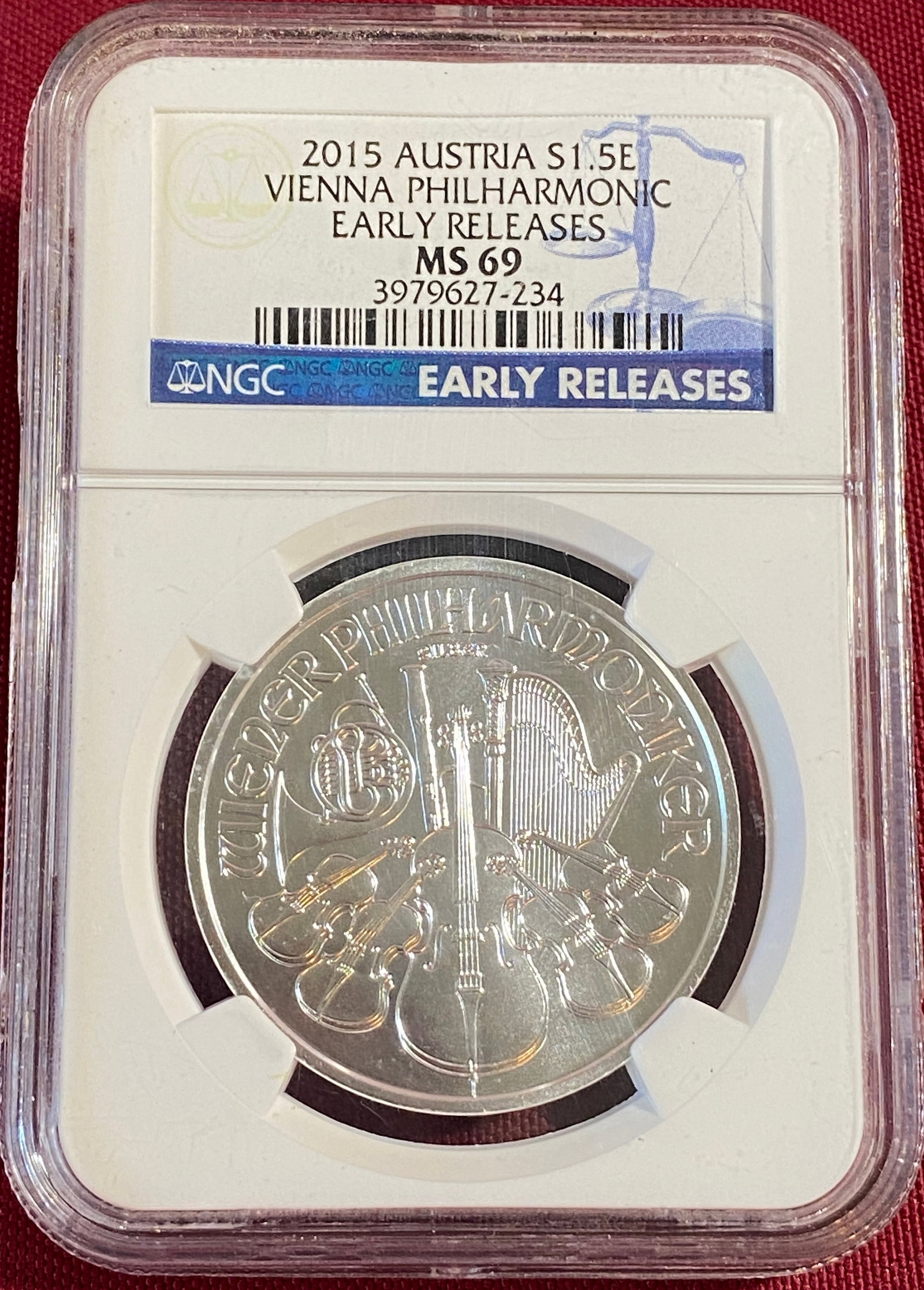 Graded 2015 Austria One Ounce .999 Fine Silver 1.5 Euro - Vienna Philharmonic - Early Releases -: Graded 2015 Austria One Ounce .999 Fine Silver 1.5 Euro - Vienna Philharmonic - Early Releases - MS69 by NGC
