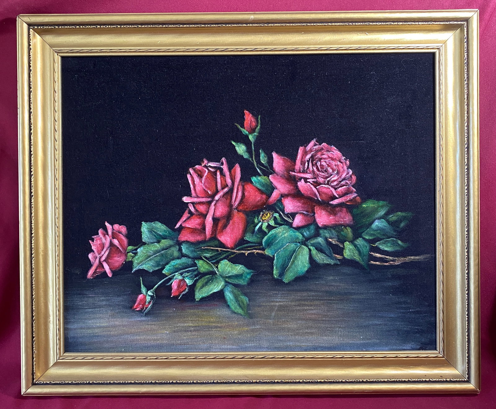 Framed Rose Painting on Felt - Overall 23.5"x20" - Absolutely No Shipping: Framed Rose Painting on Felt - Overall 23.5"x20" - Absolutely No Shipping